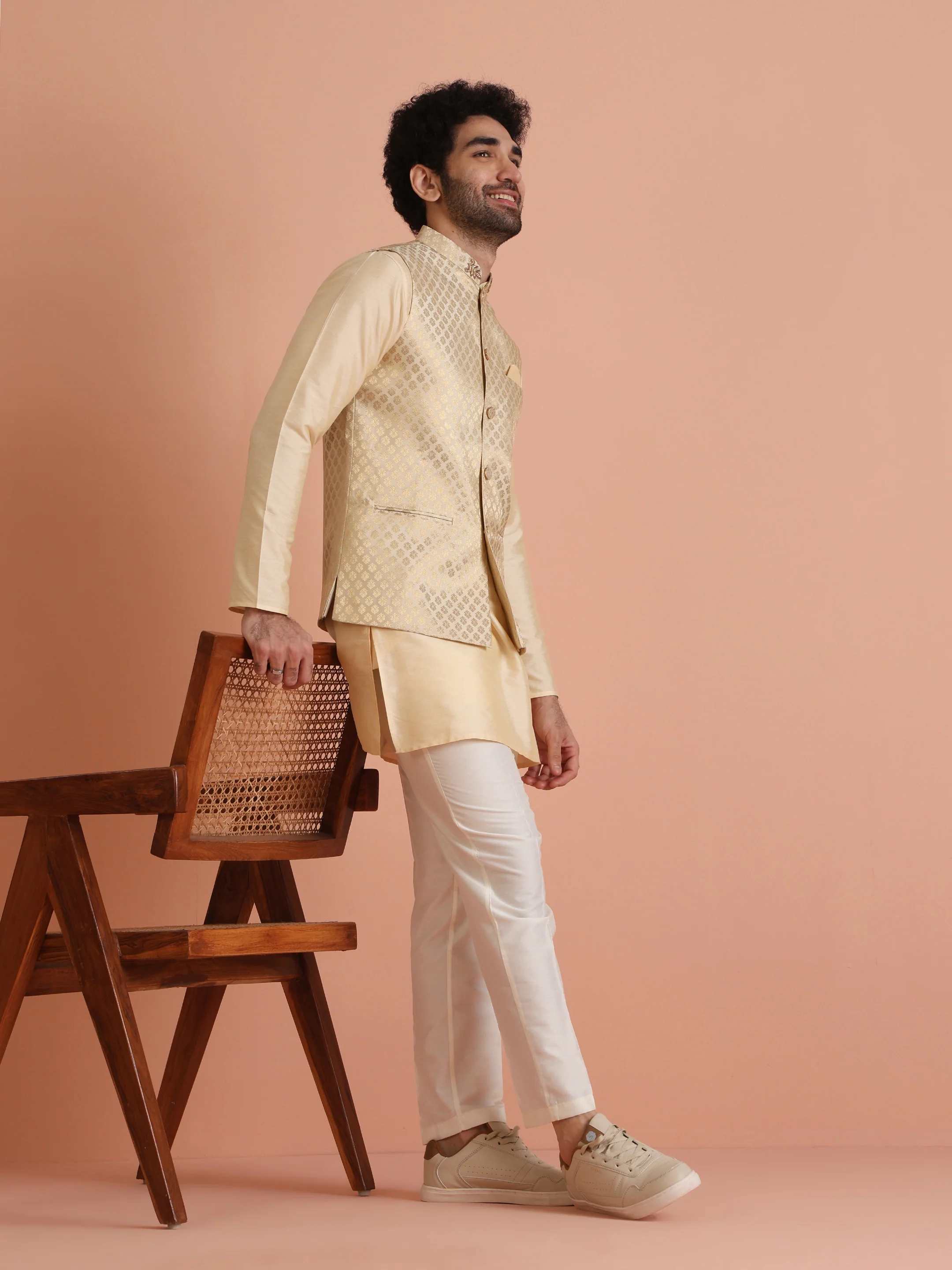 Men Cream Ethnic Motifs Nehru Jacket - Image 3