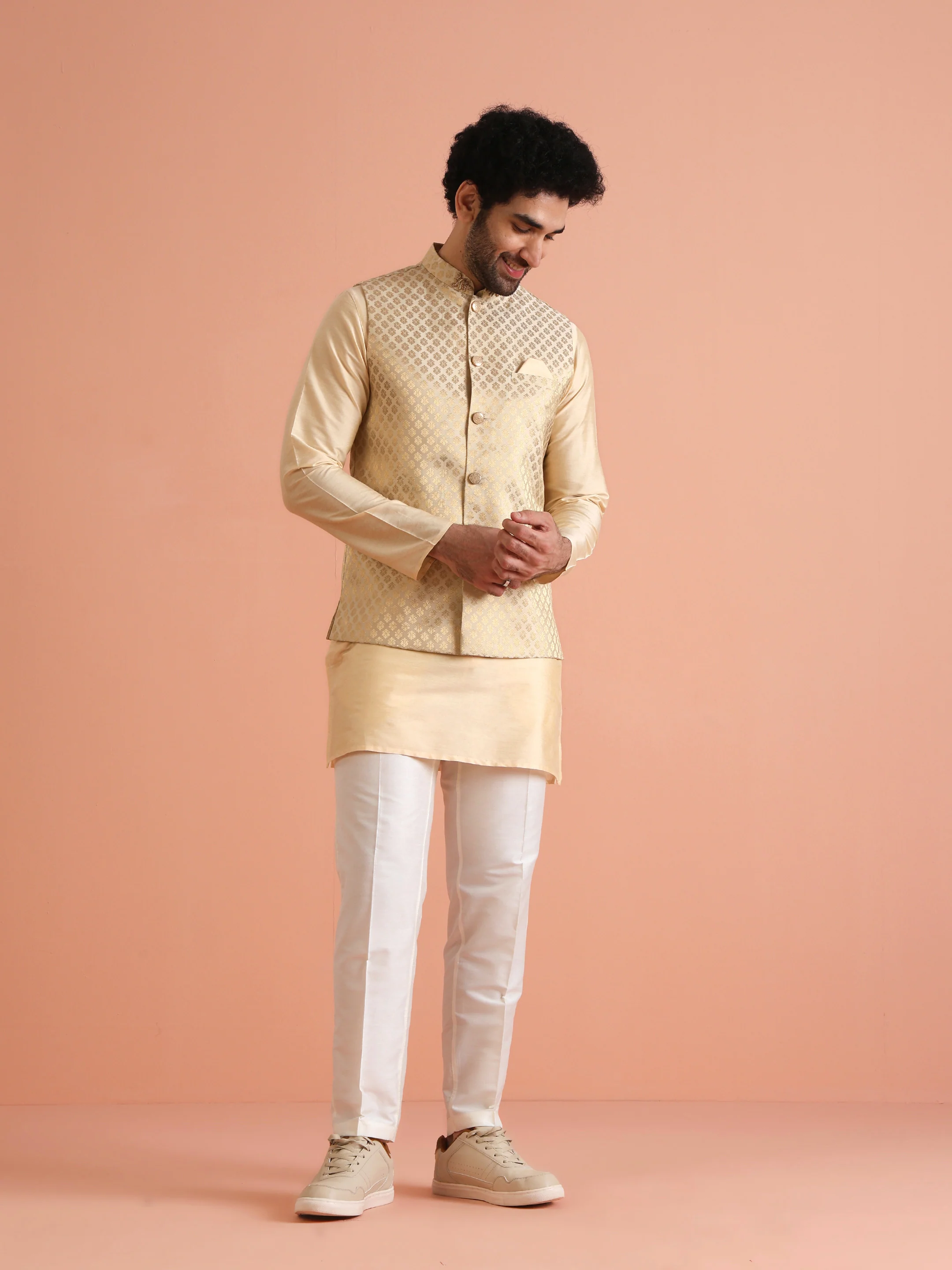 Men Cream Ethnic Motifs Nehru Jacket - Image 4
