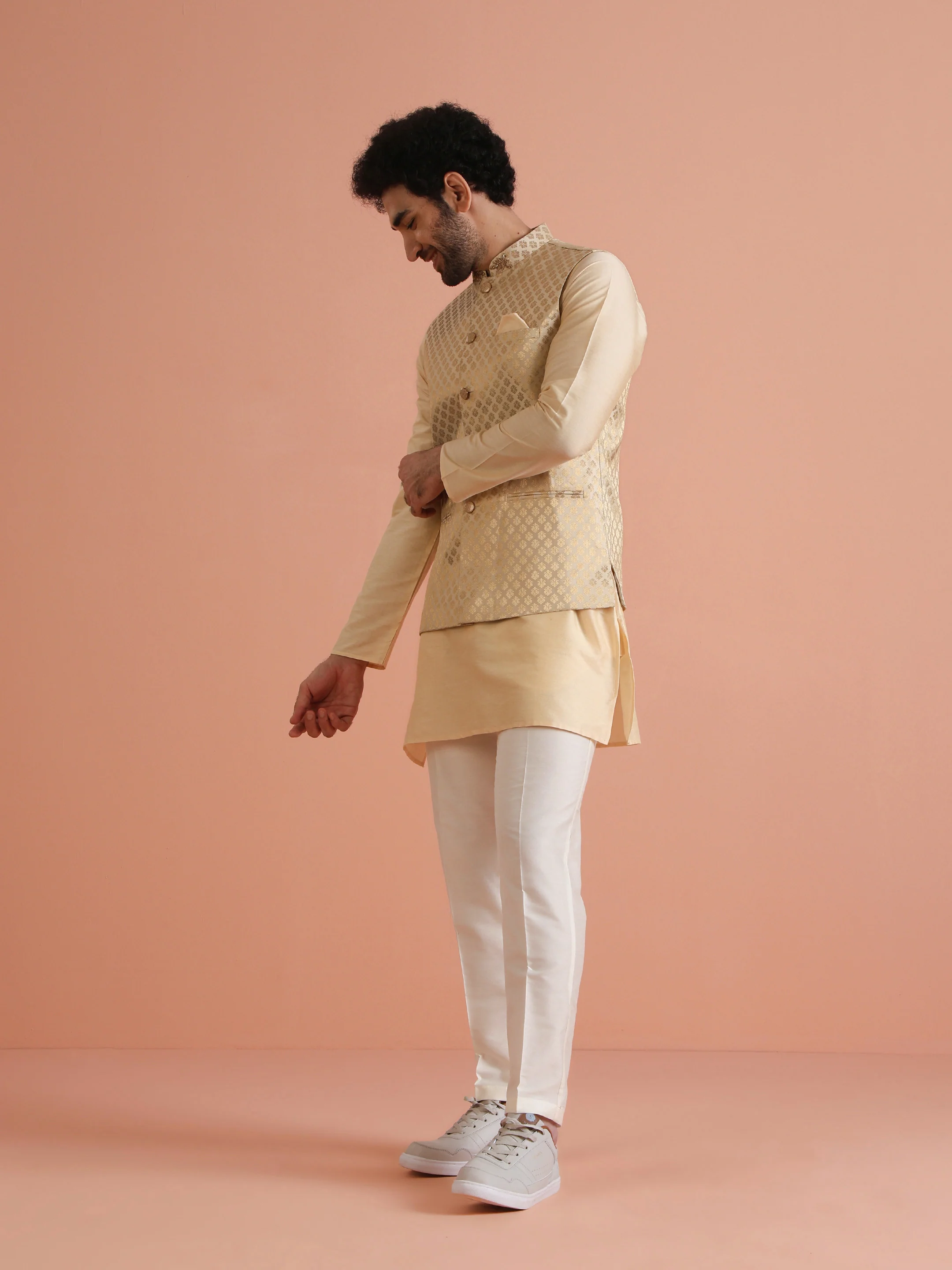 Men Cream Ethnic Motifs Nehru Jacket - Image 5