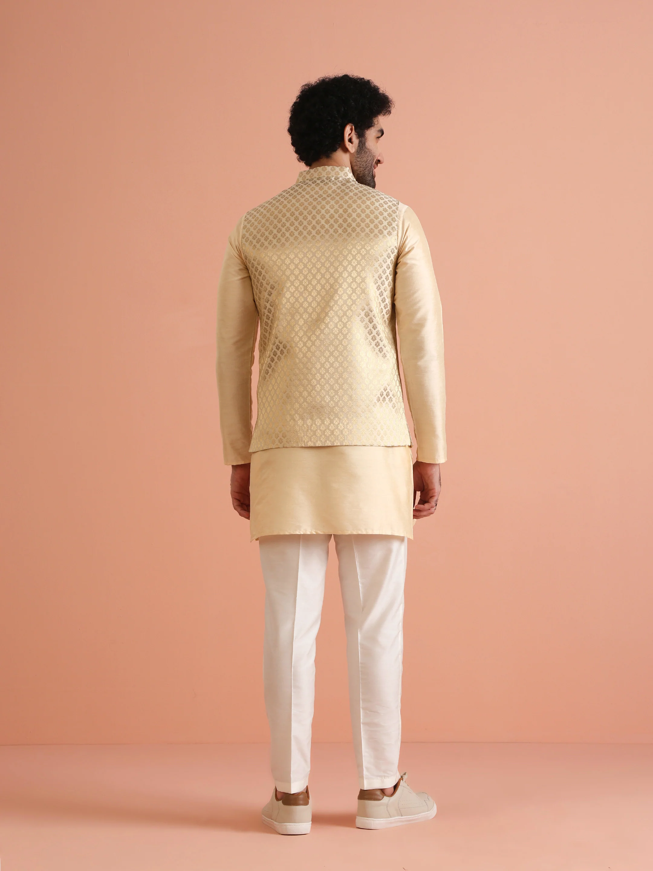 Men Cream Ethnic Motifs Nehru Jacket - Image 6
