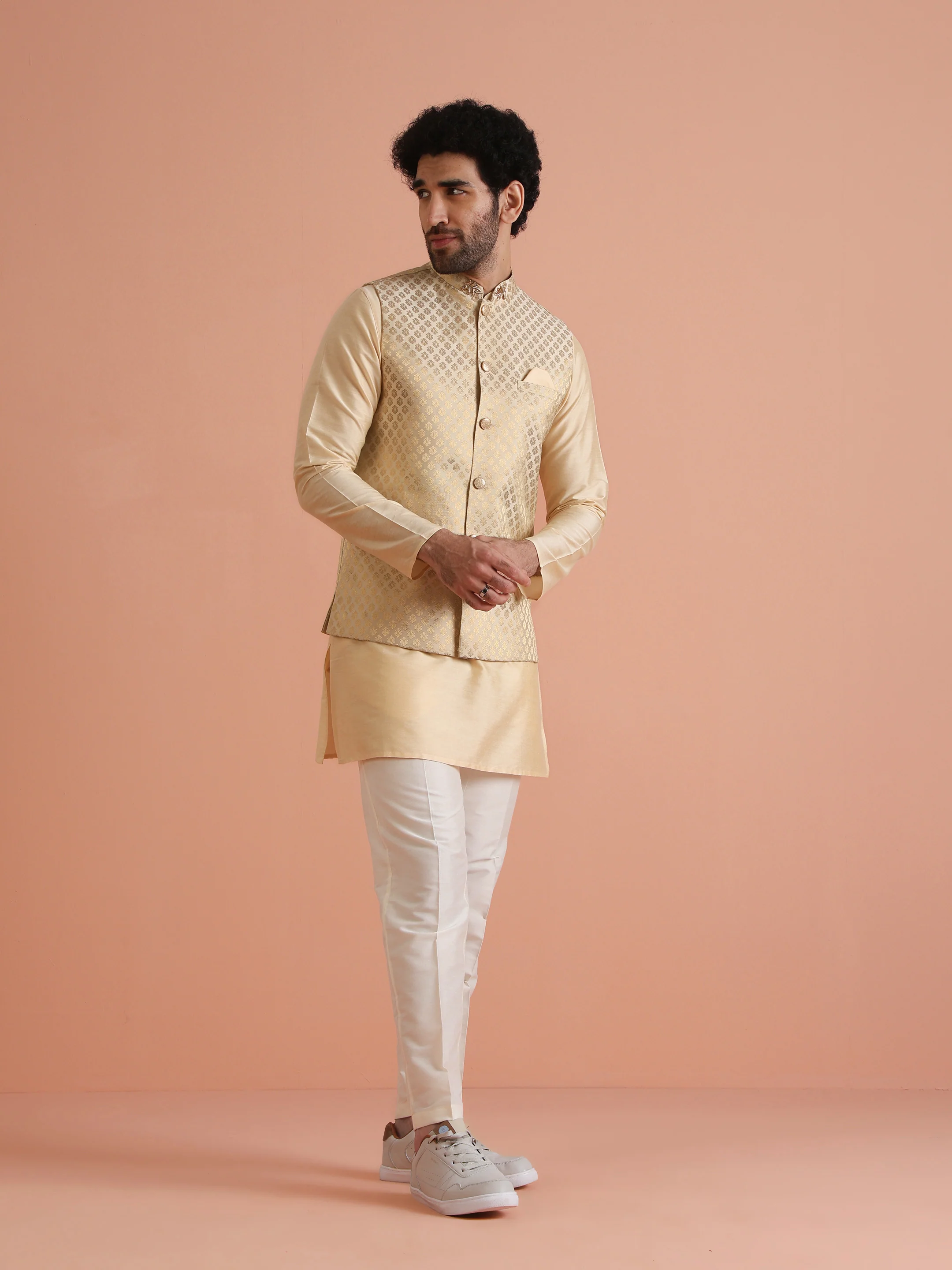 Men Cream Ethnic Motifs Nehru Jacket - Image 7