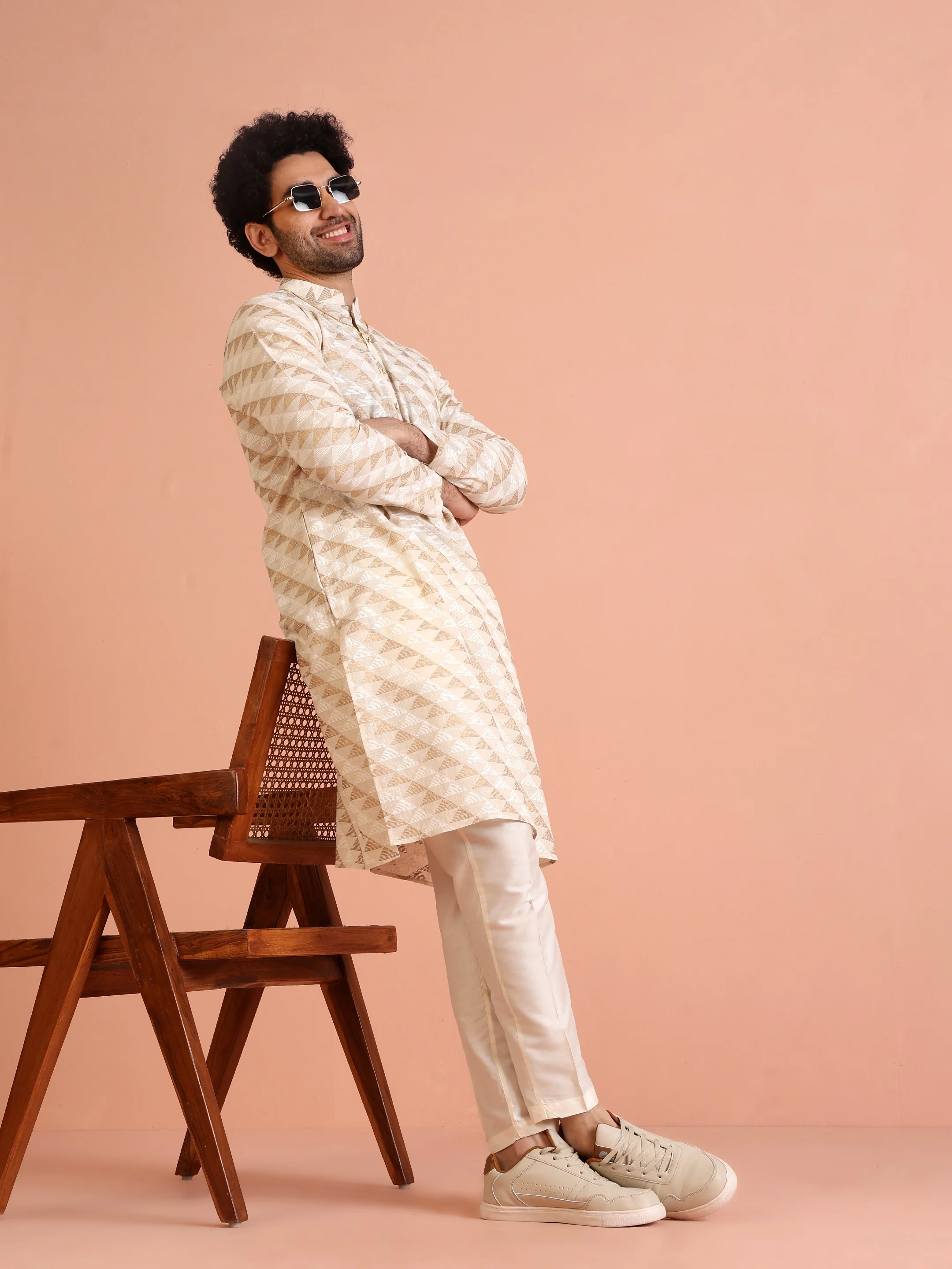 Beige Cotton Silk Geometric Kurta White Trouser Set - Image 2
