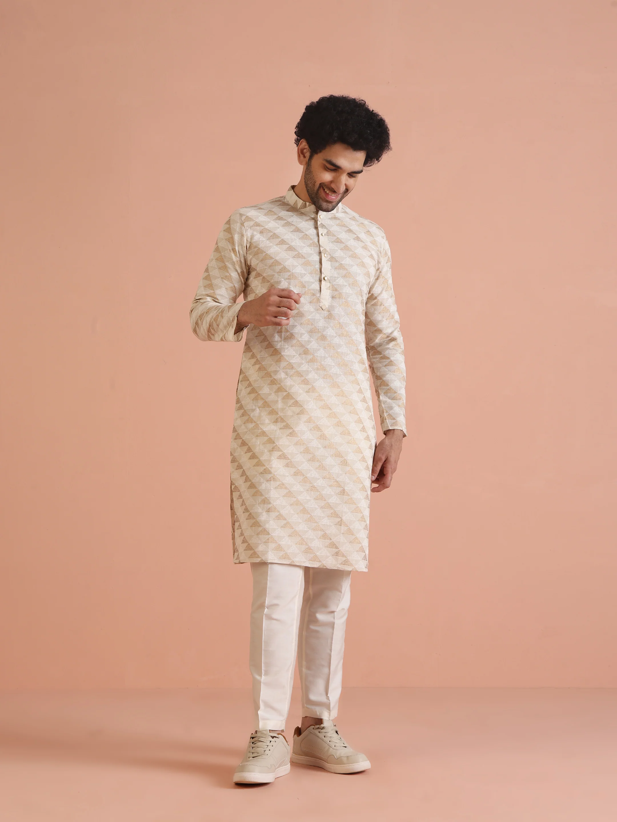 Beige Cotton Silk Geometric Kurta Long - Image 2
