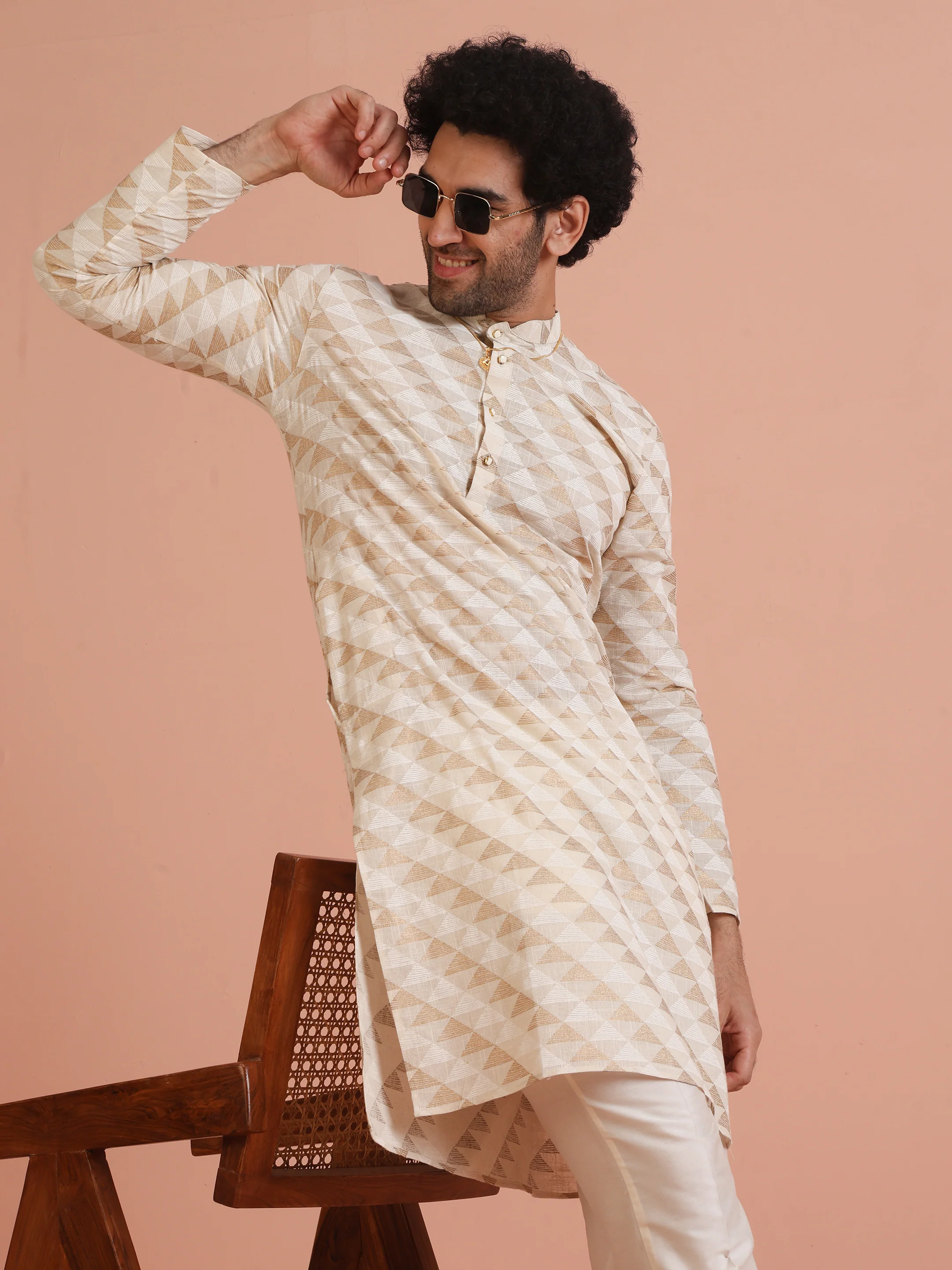Beige Cotton Silk Geometric Kurta Long - Image 3