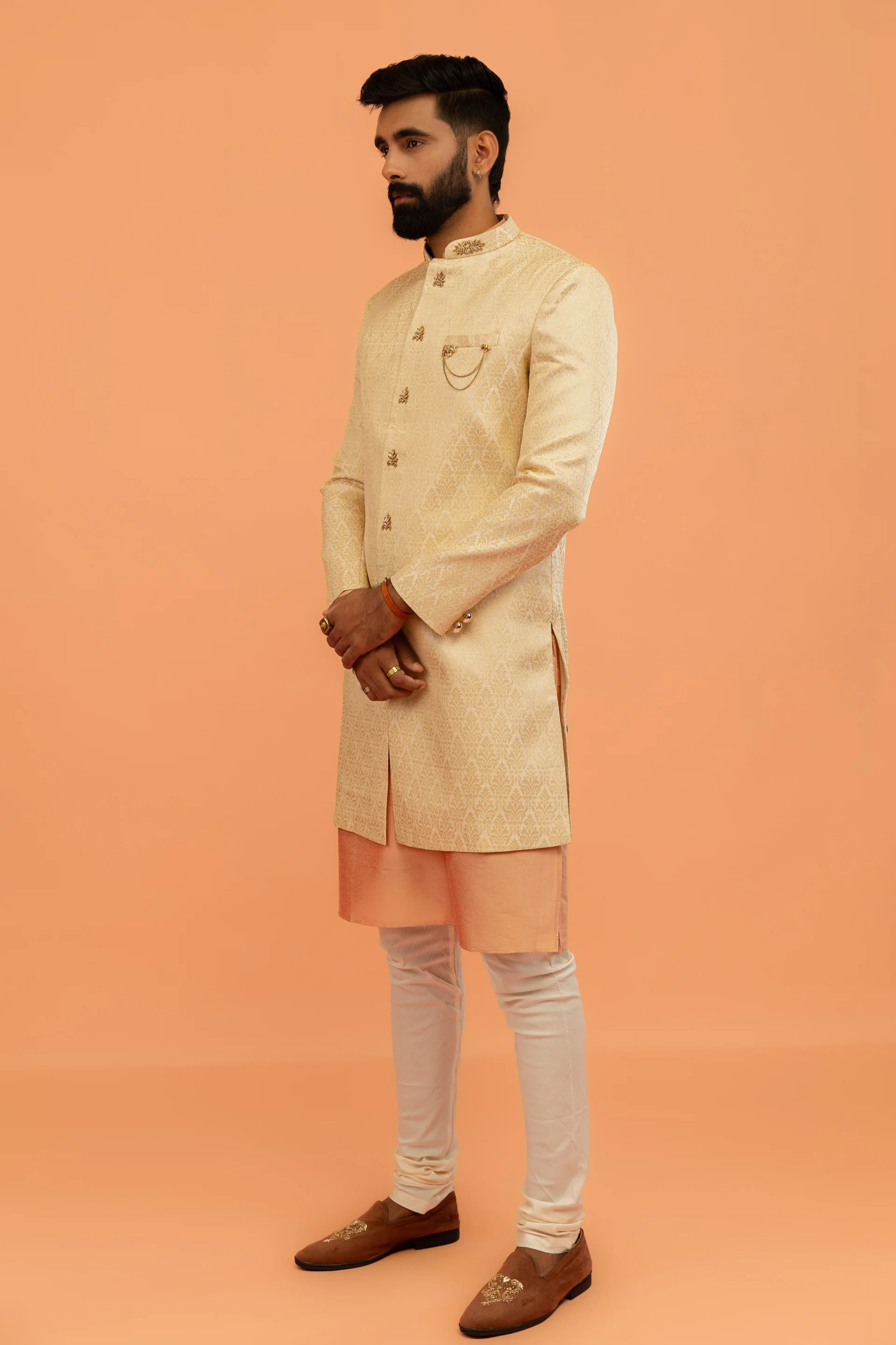 Men Cream Jacquard Kurta Indowestern Churidar Set with Ethnic Motifs - Image 2