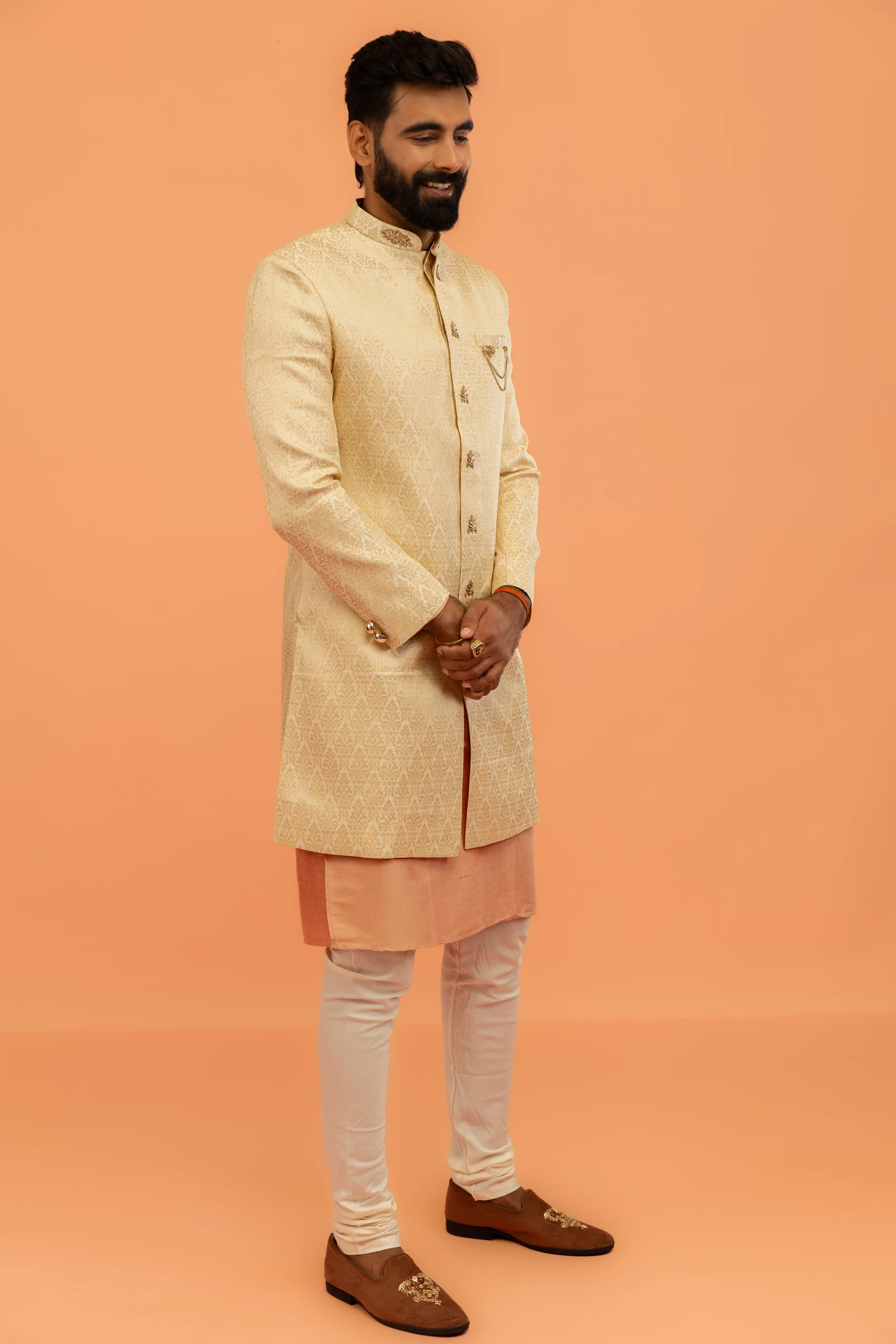 Men Cream Jacquard Kurta Indowestern Churidar Set with Ethnic Motifs - Image 3