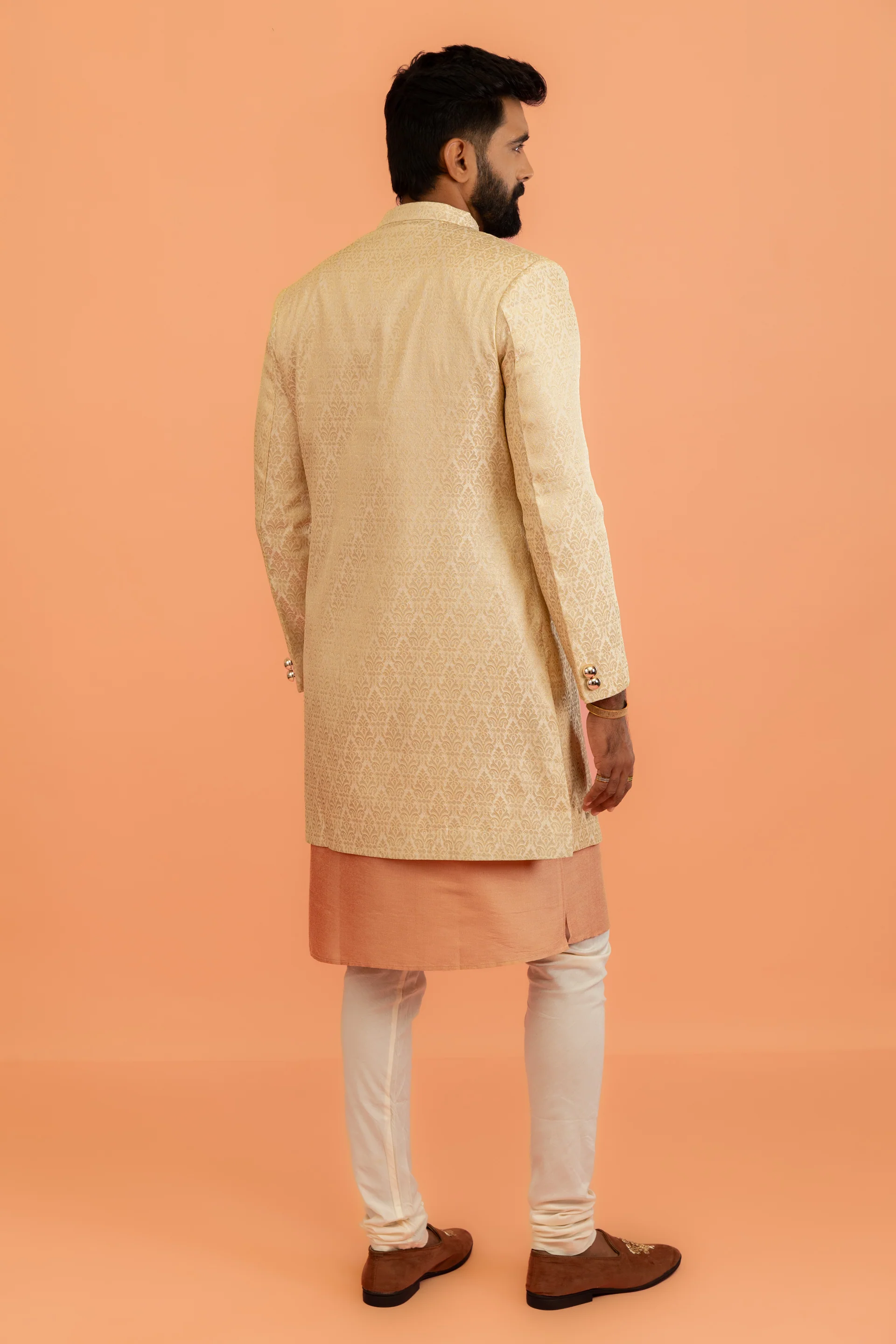 Men Cream Jacquard Kurta Indowestern Churidar Set with Ethnic Motifs - Image 4