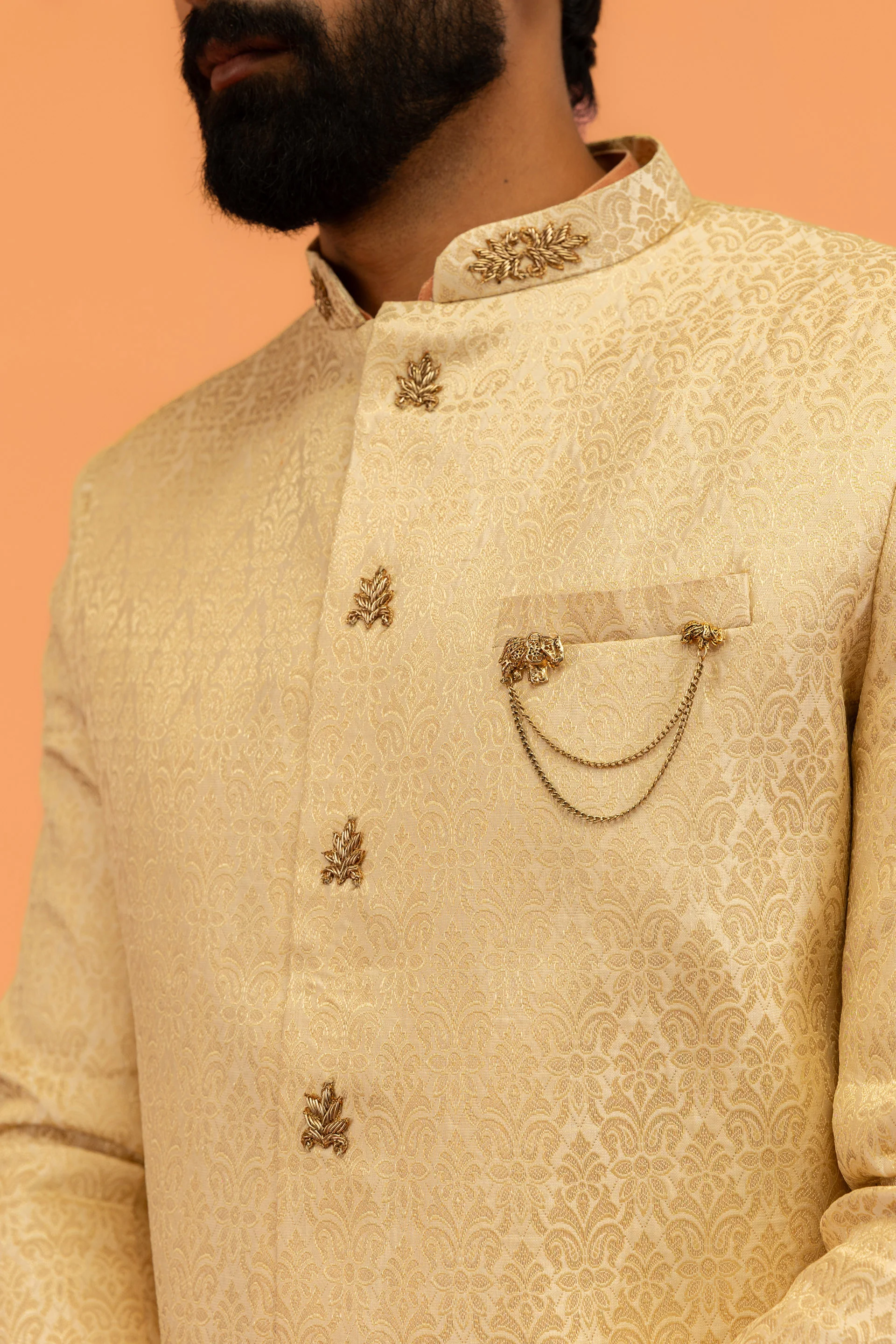 Men Cream Jacquard Kurta Indowestern Churidar Set with Ethnic Motifs - Image 5