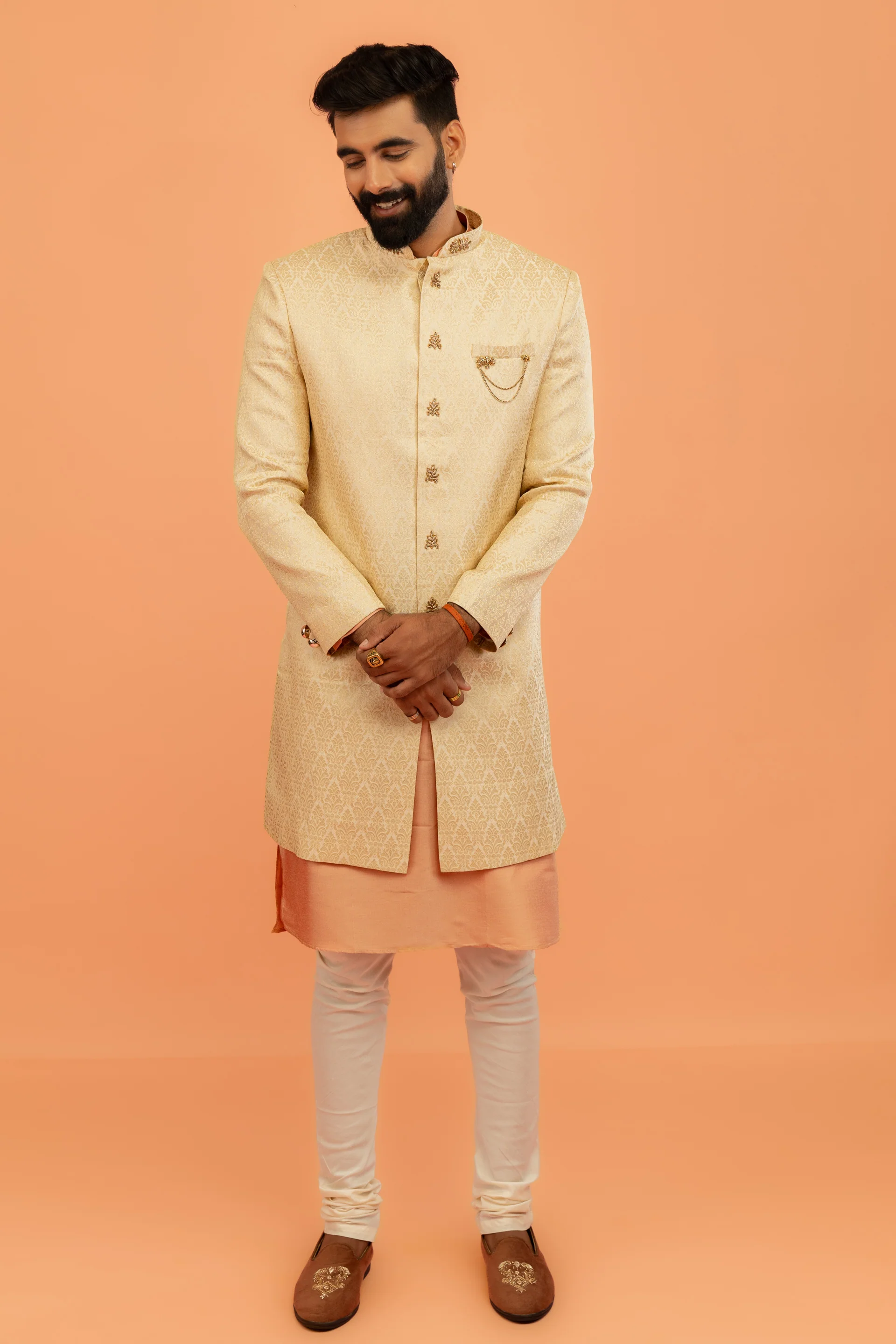 Men Cream Jacquard Kurta Indowestern Churidar Set with Ethnic Motifs - Image 8