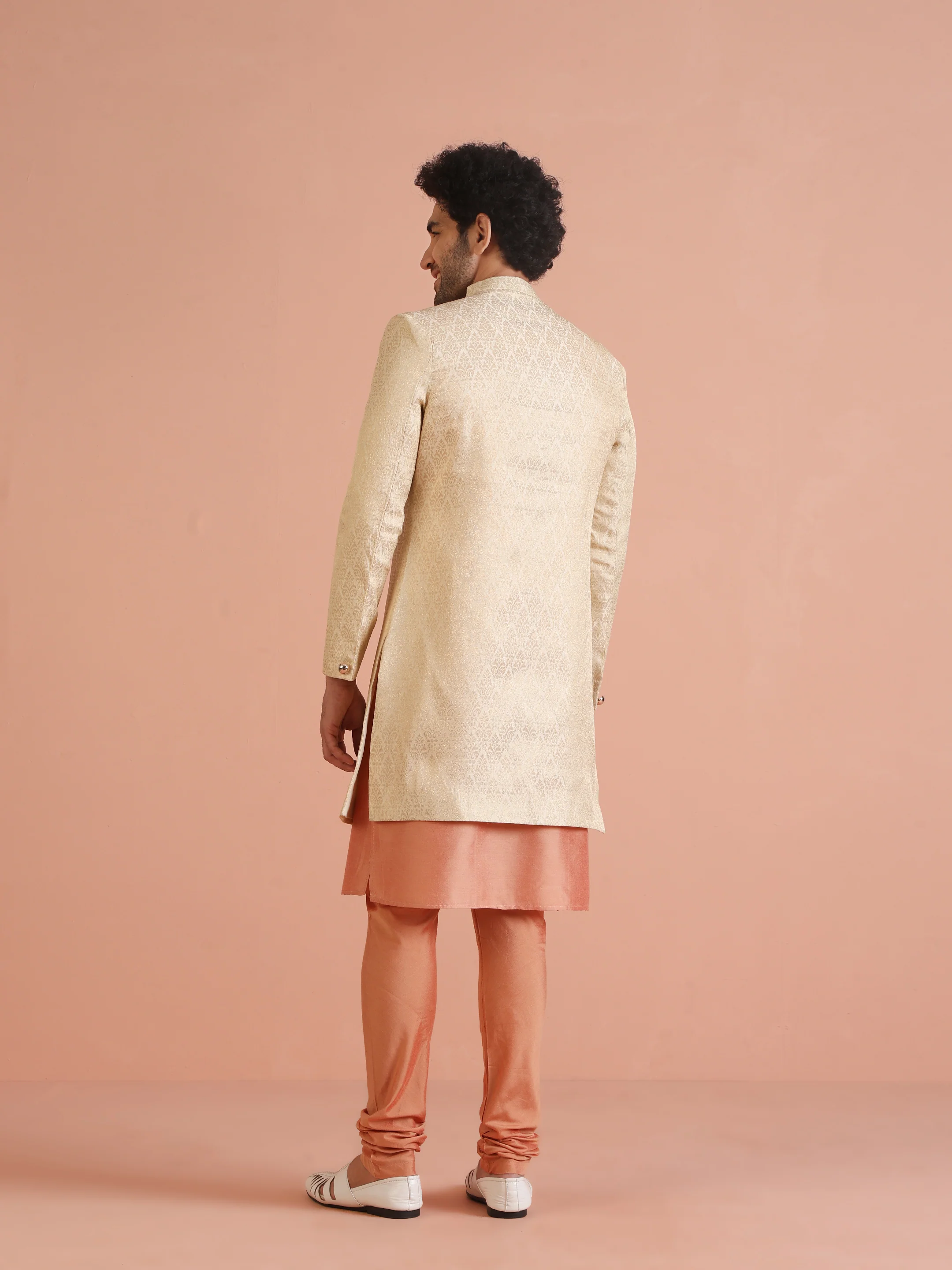 Men Cream Jacquard Kurta Indowestern Churidar Set with Ethnic Motifs - Image 4