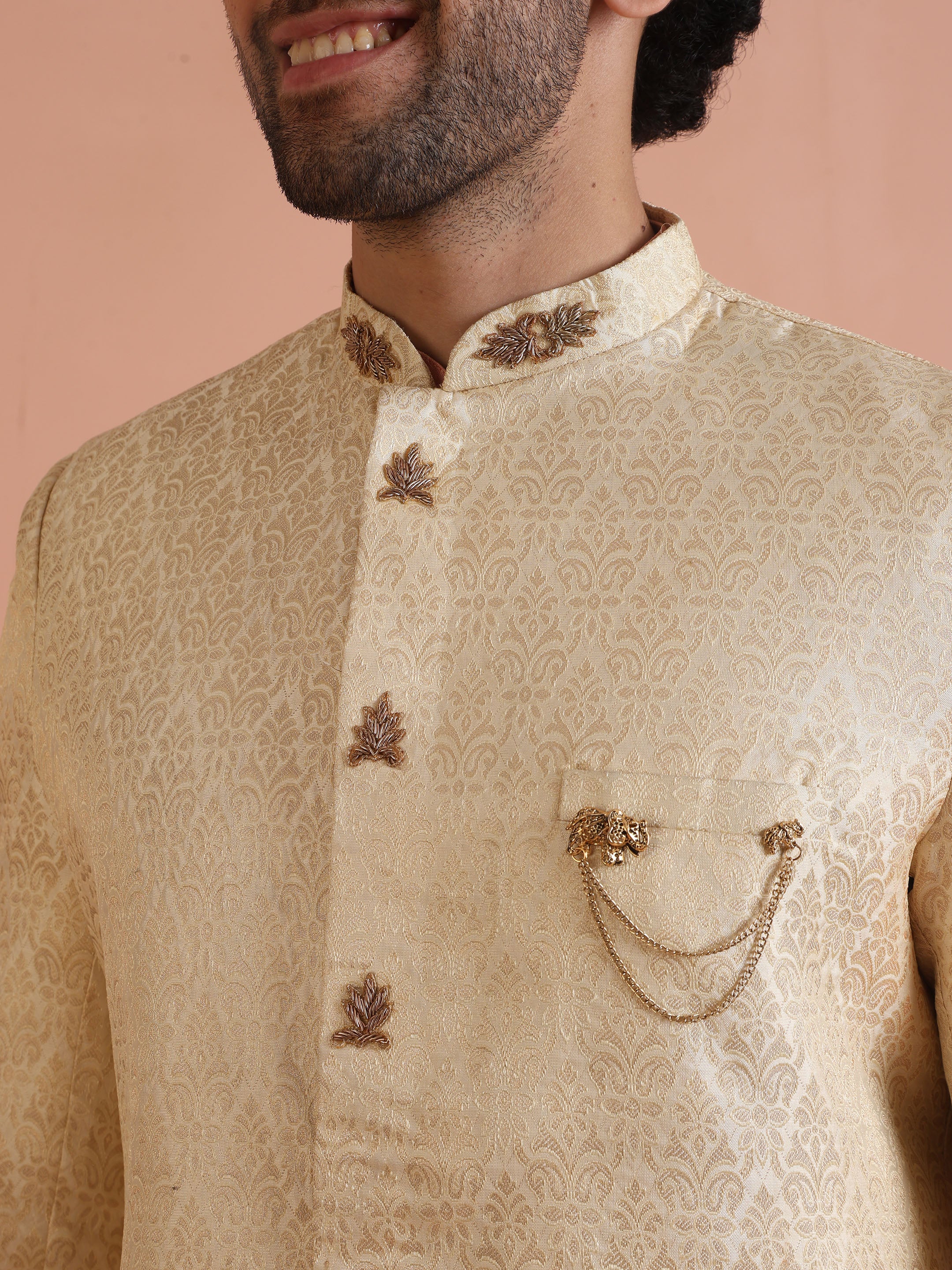 Men Cream Jacquard Kurta Indowestern Churidar Set with Ethnic Motifs - Image 5