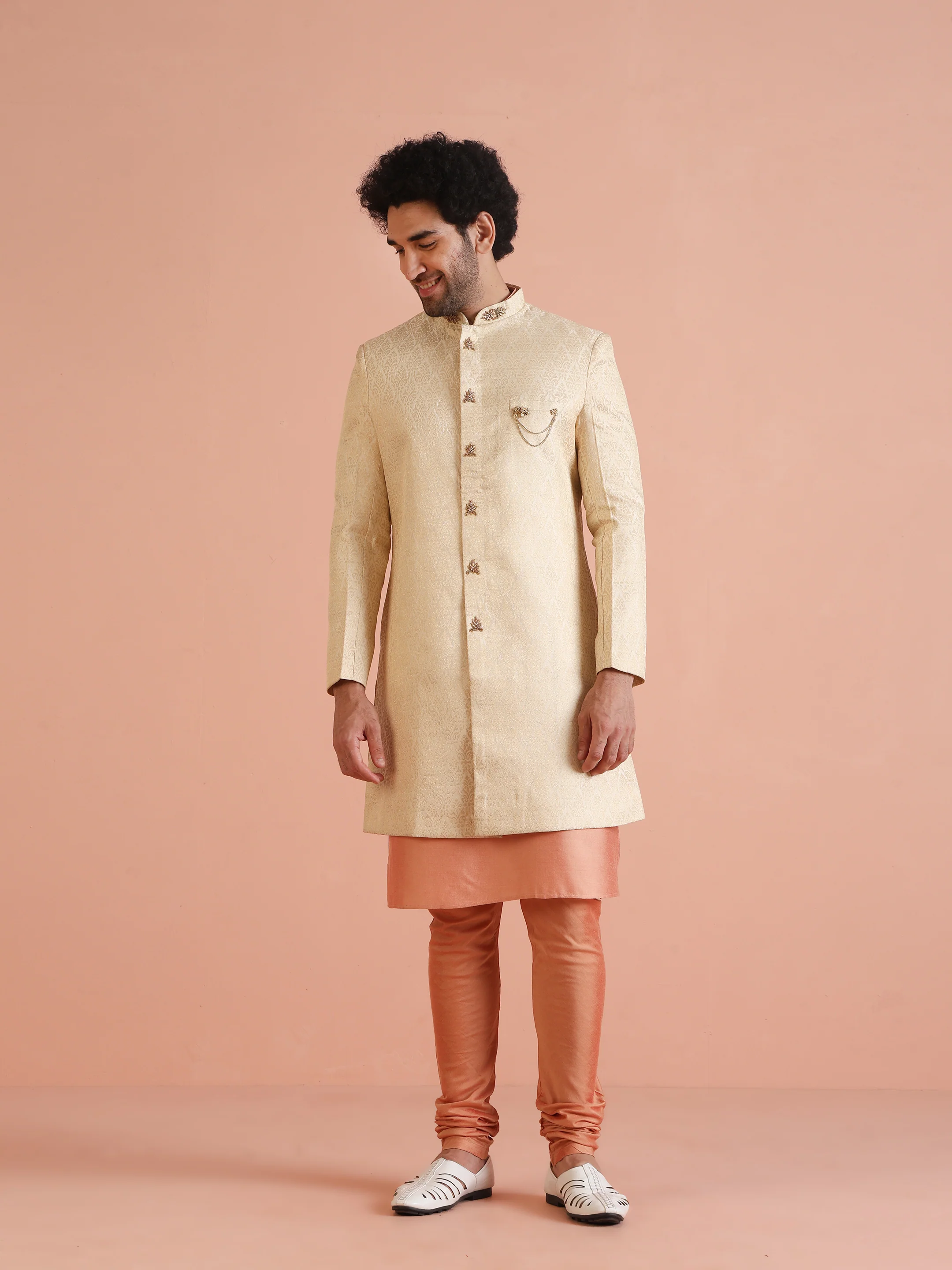 Men Cream Jacquard Kurta Indowestern Churidar Set with Ethnic Motifs - Image 8