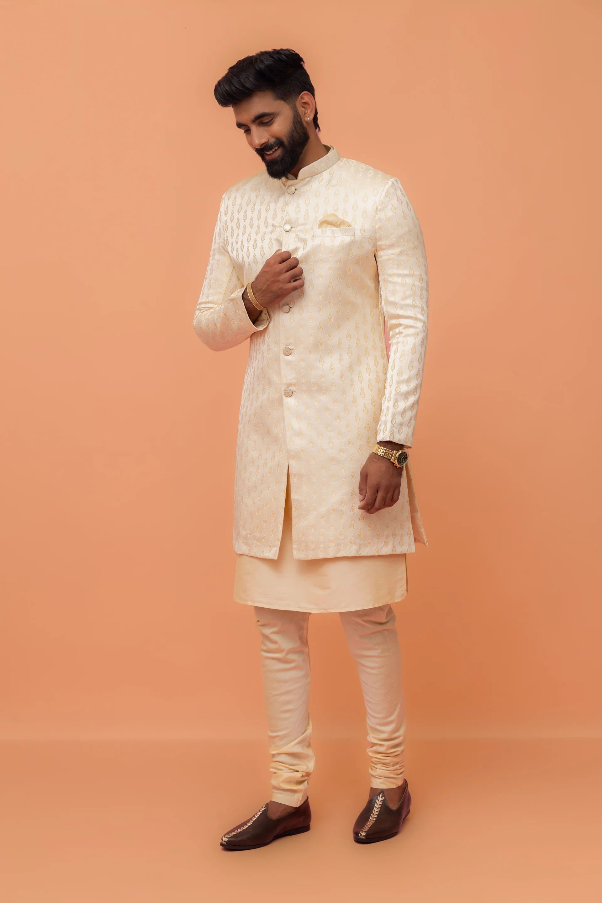 Cream Cotton Silk Jacquard Sherwani Kurta Churidar Set - Image 2