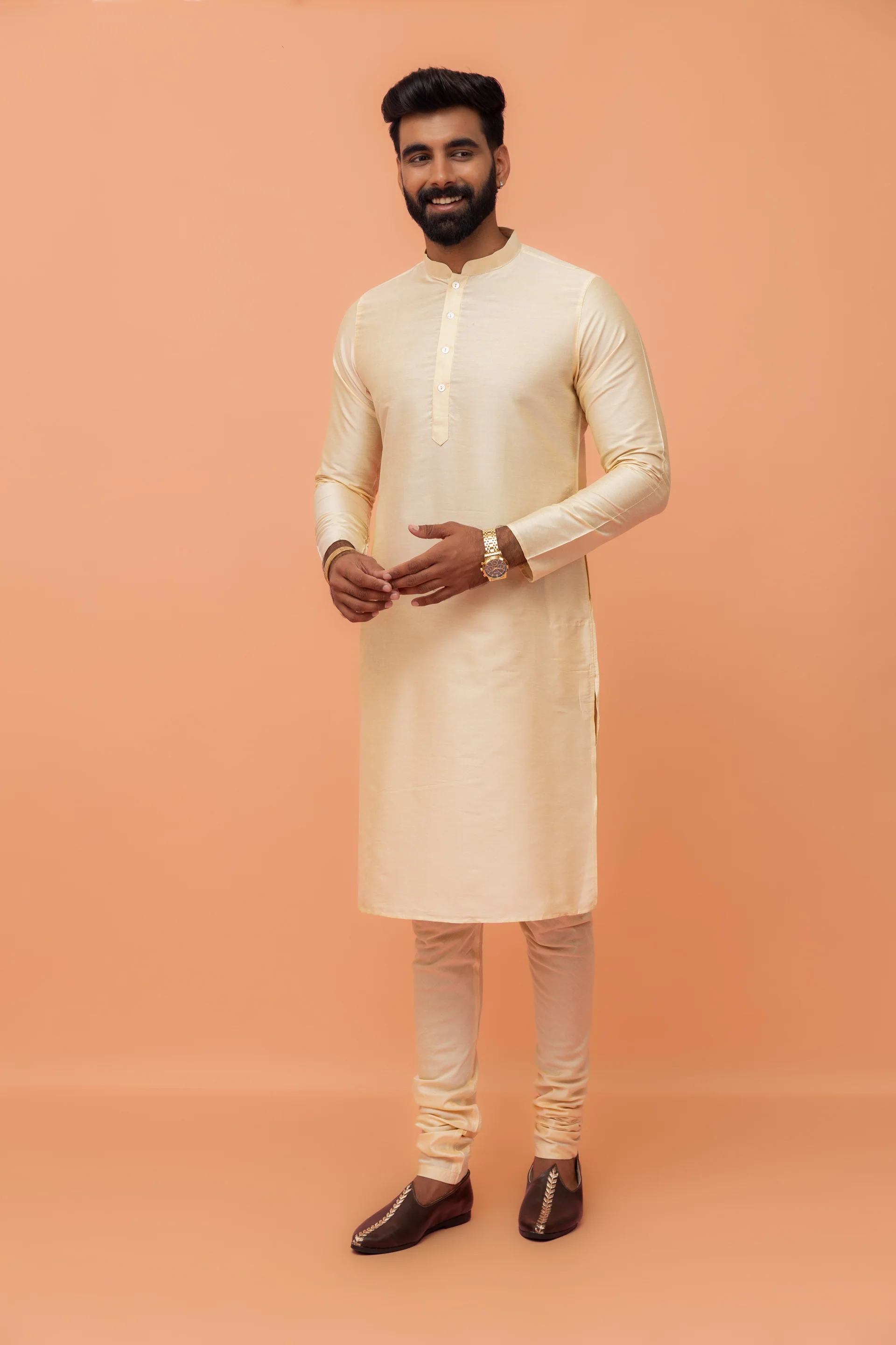 Cream Cotton Silk Jacquard Sherwani Kurta Churidar Set - Image 7