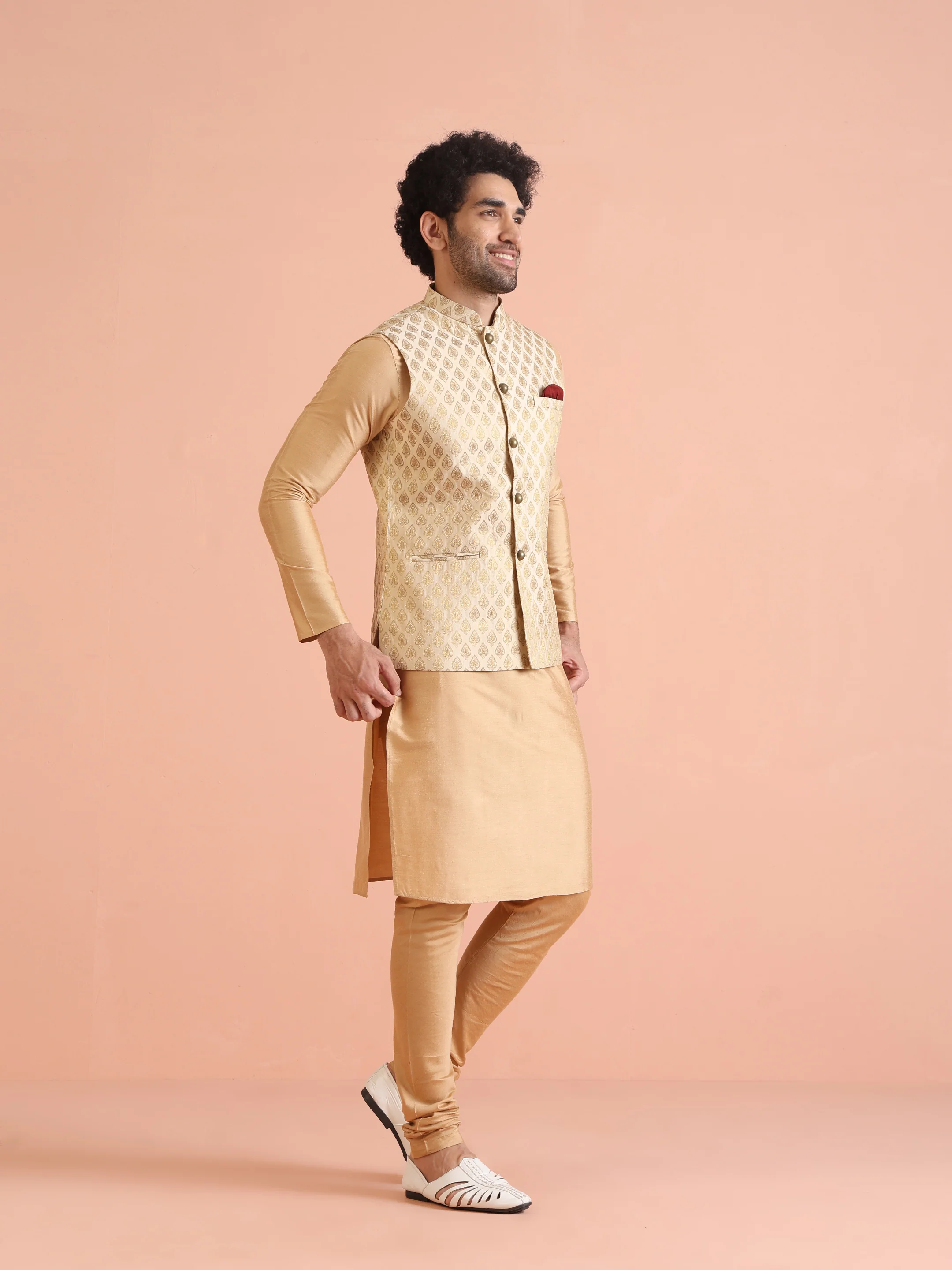 Men Cream Jacquard Kurta Jacket Churidar Set with Ethnic Motifs - Image 2