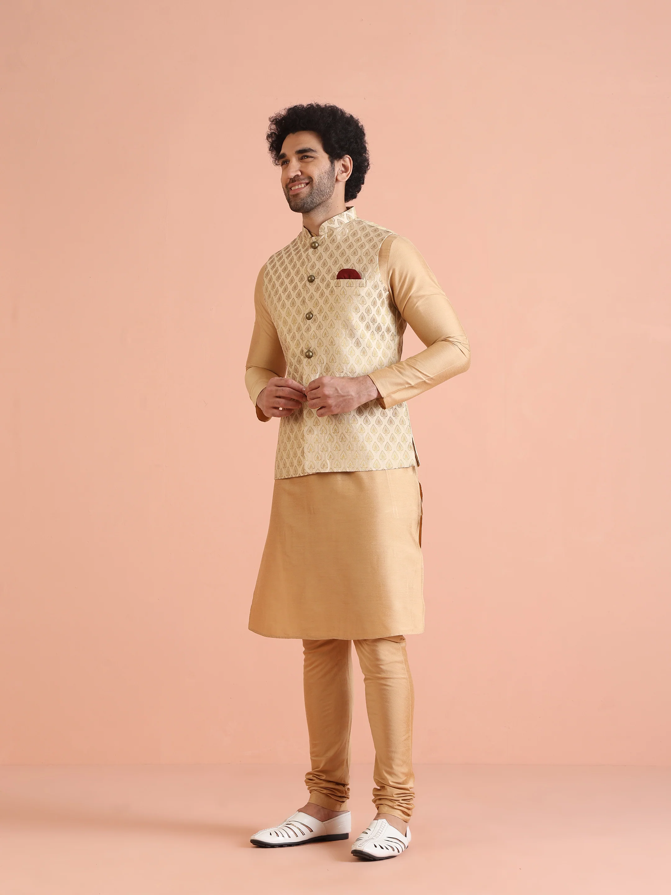 Men Cream Jacquard Kurta Jacket Churidar Set with Ethnic Motifs - Image 3
