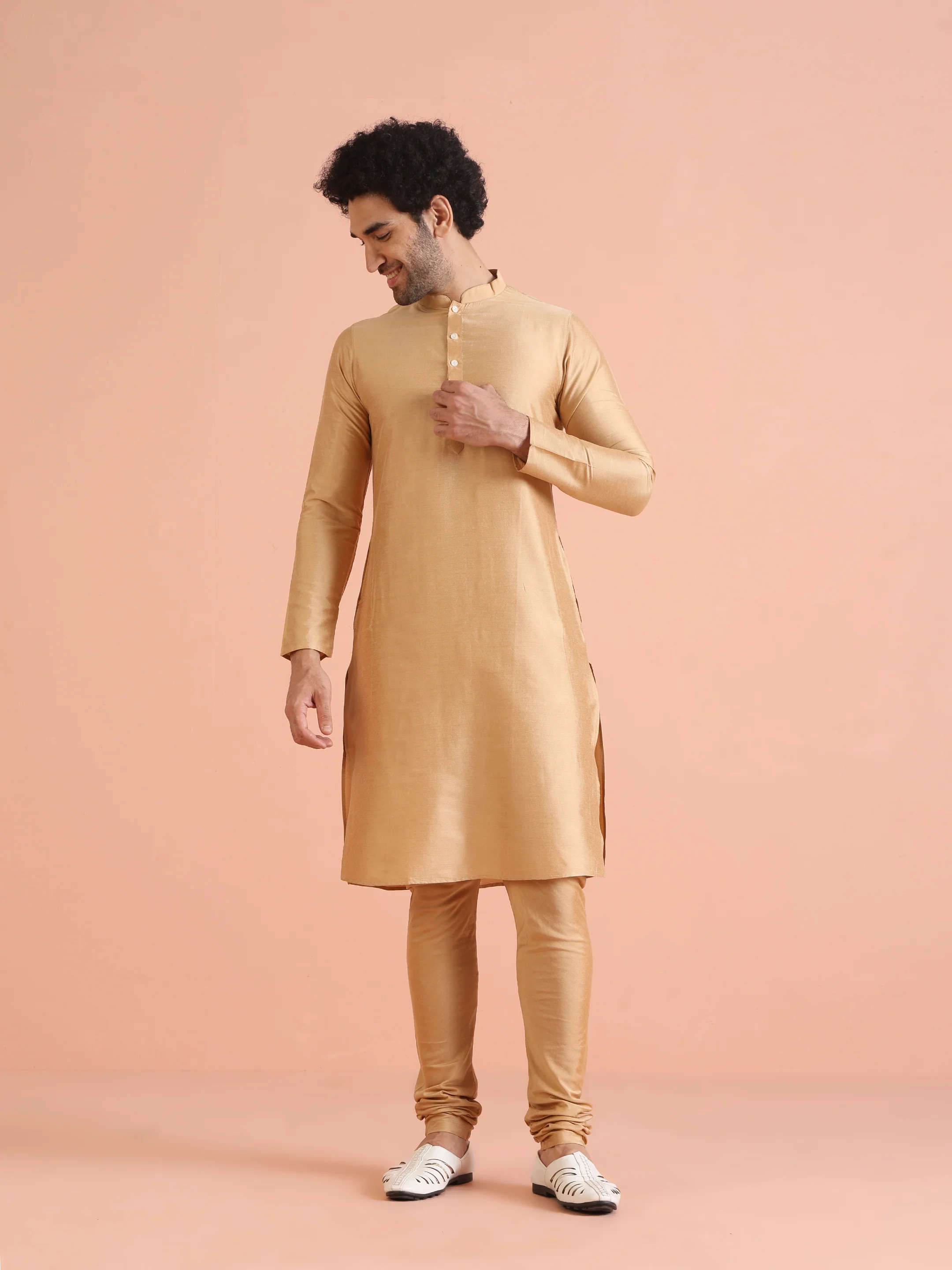 Men Cream Jacquard Kurta Jacket Churidar Set with Ethnic Motifs - Image 6