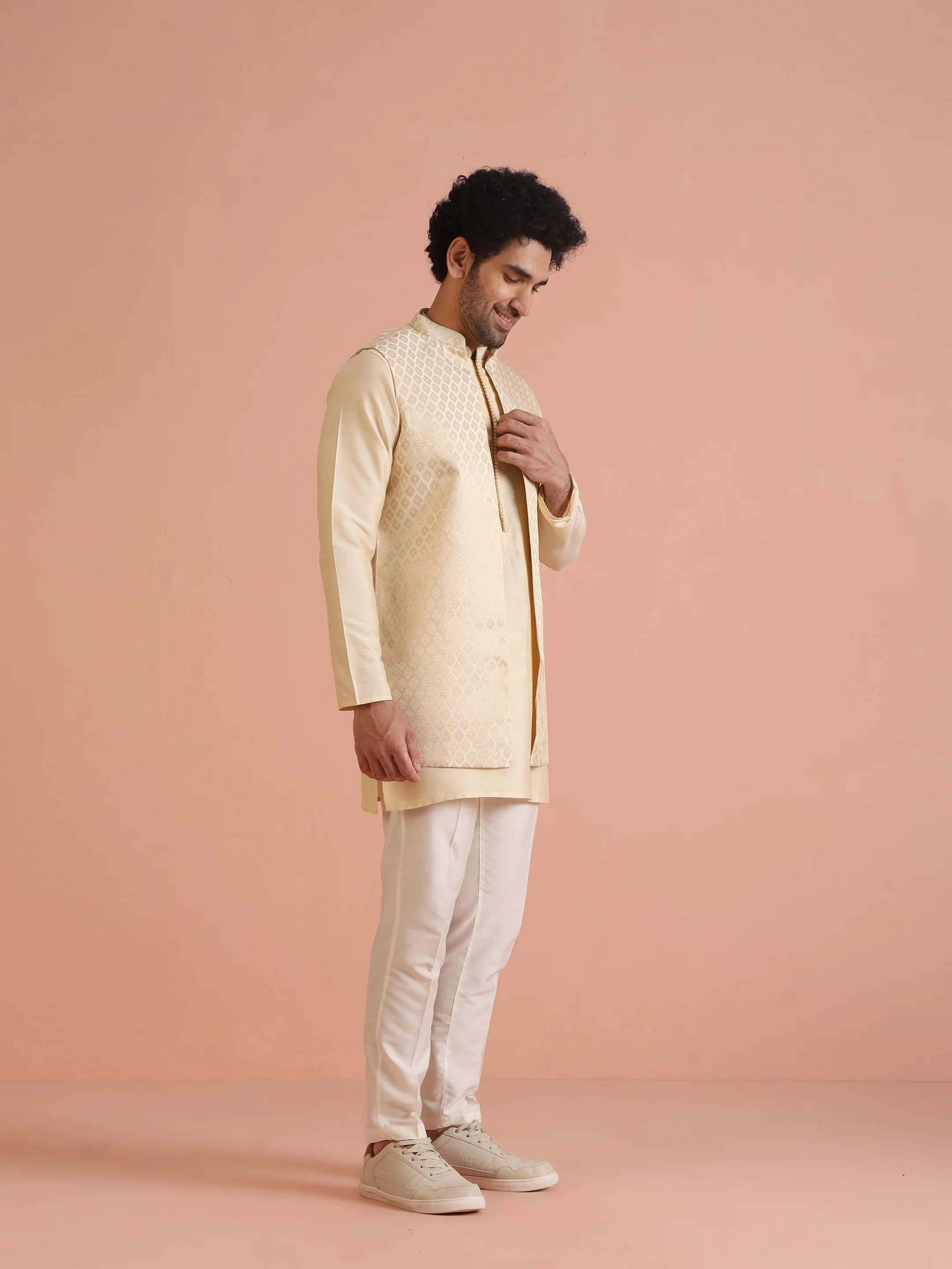 Cream Jacquard Ethnic Motif Nehru Jacket Kurta Trouser Set â€“ Wedding & Festive Wear - Image 2