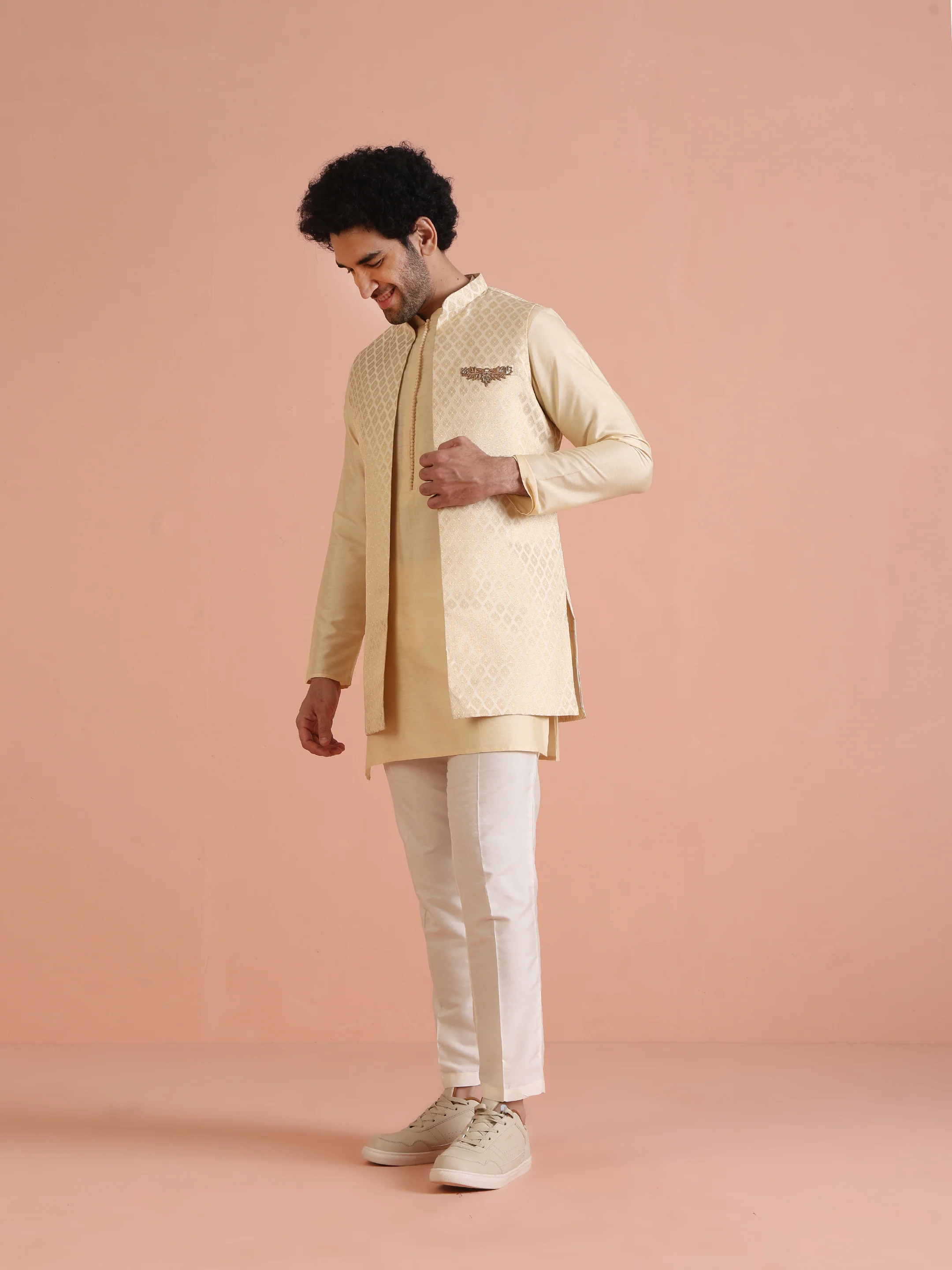 Cream Jacquard Ethnic Motif Nehru Jacket Kurta Trouser Set â€“ Wedding & Festive Wear - Image 3
