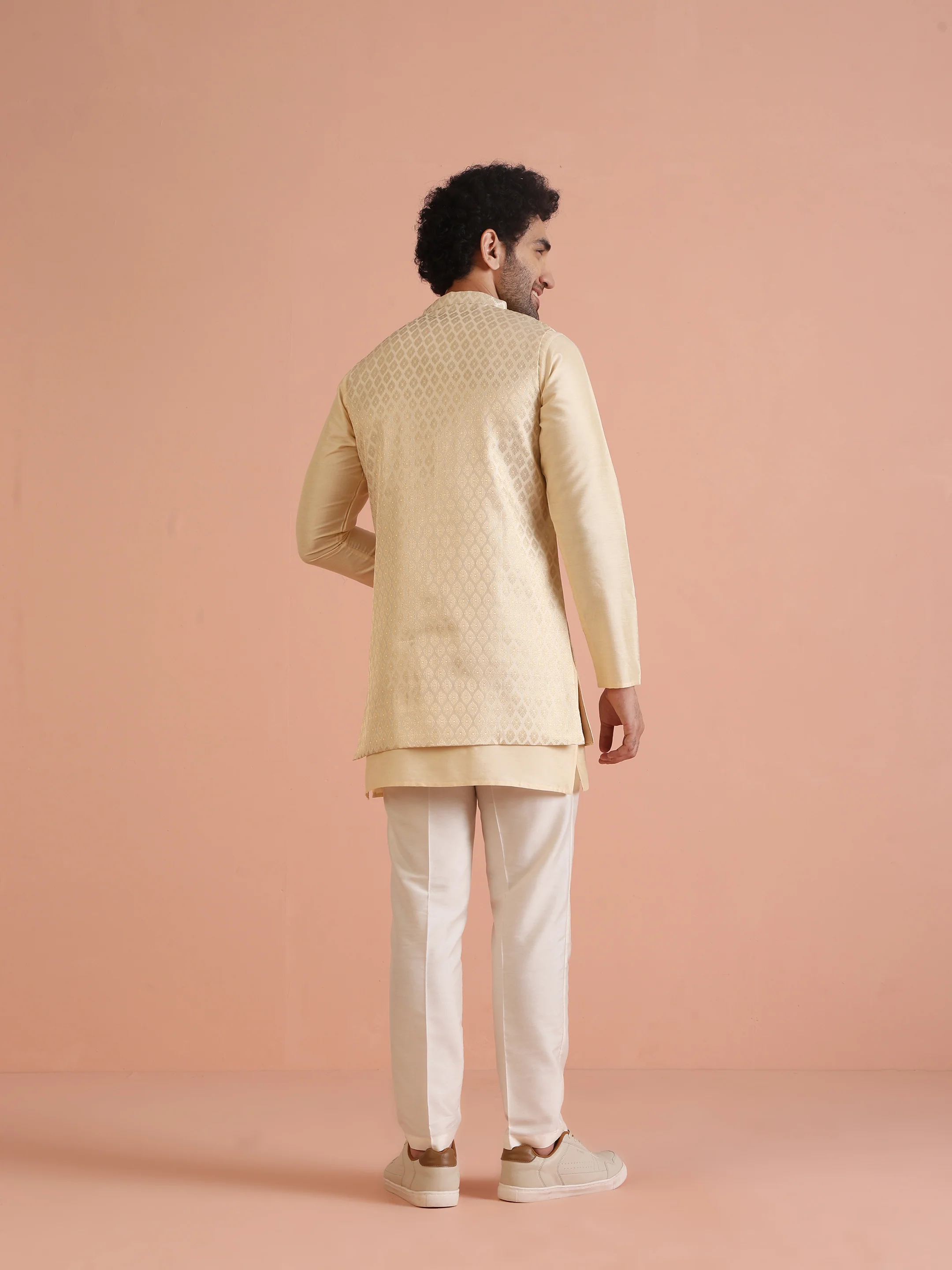 Cream Jacquard Ethnic Motif Nehru Jacket Kurta Trouser Set â€“ Wedding & Festive Wear - Image 4