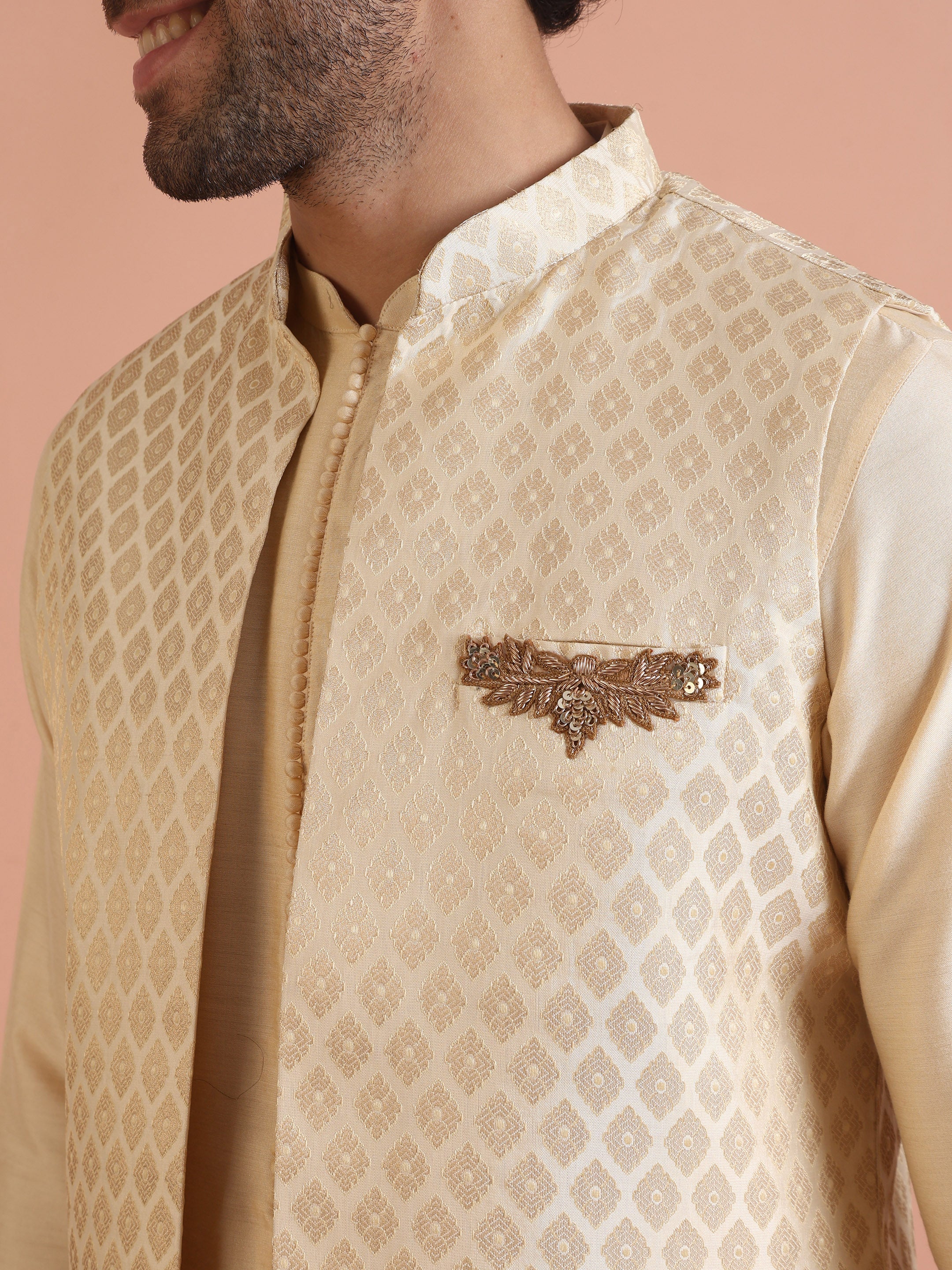Cream Jacquard Ethnic Motif Nehru Jacket Kurta Trouser Set â€“ Wedding & Festive Wear - Image 5