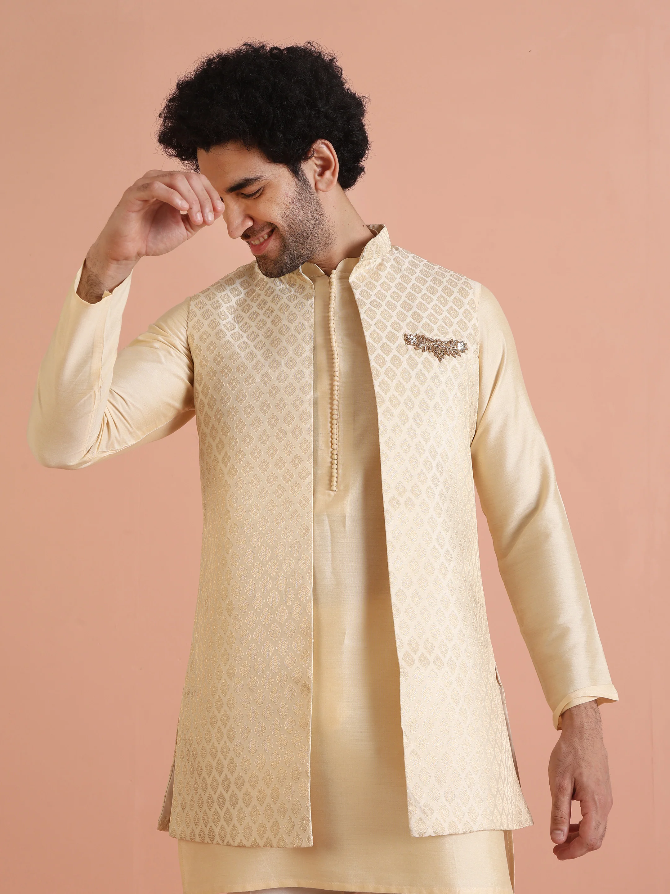 Cream Jacquard Ethnic Motif Nehru Jacket Kurta Trouser Set â€“ Wedding & Festive Wear - Image 7