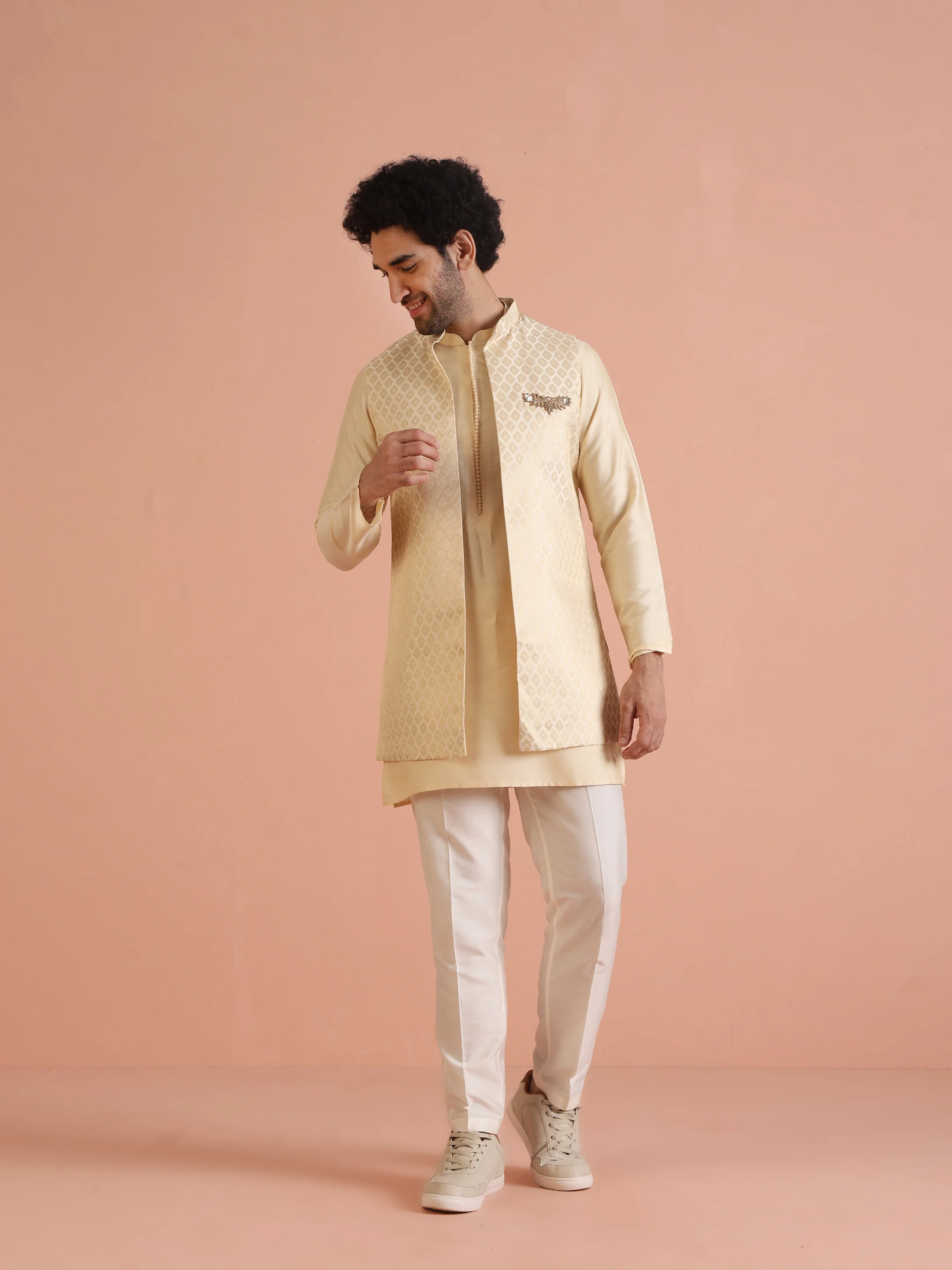 Cream Jacquard Ethnic Motif Nehru Jacket Kurta Trouser Set â€“ Wedding & Festive Wear - Image 8