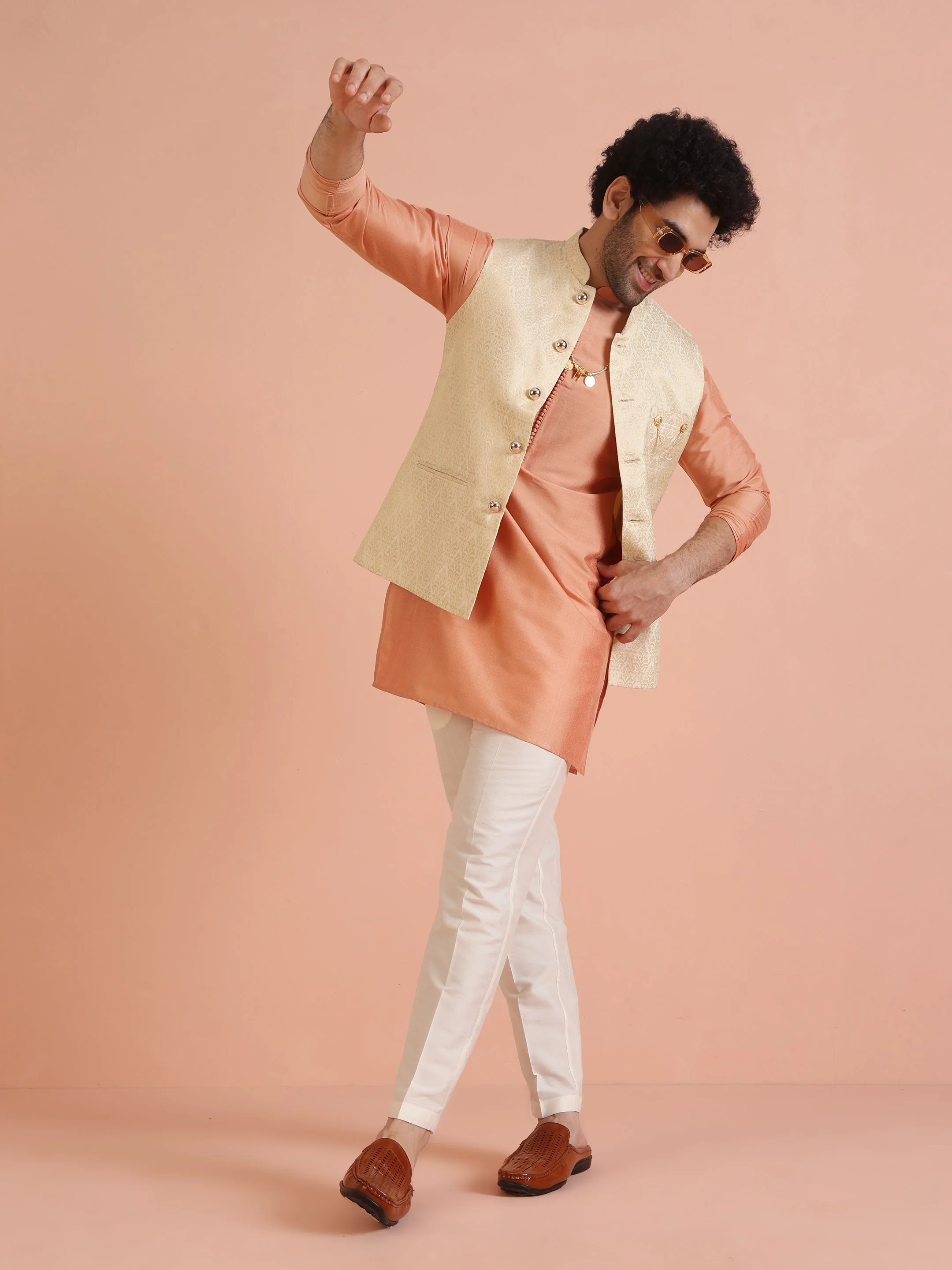 Beige Jacquard Kurta Jacket Trouser Set - Image 10