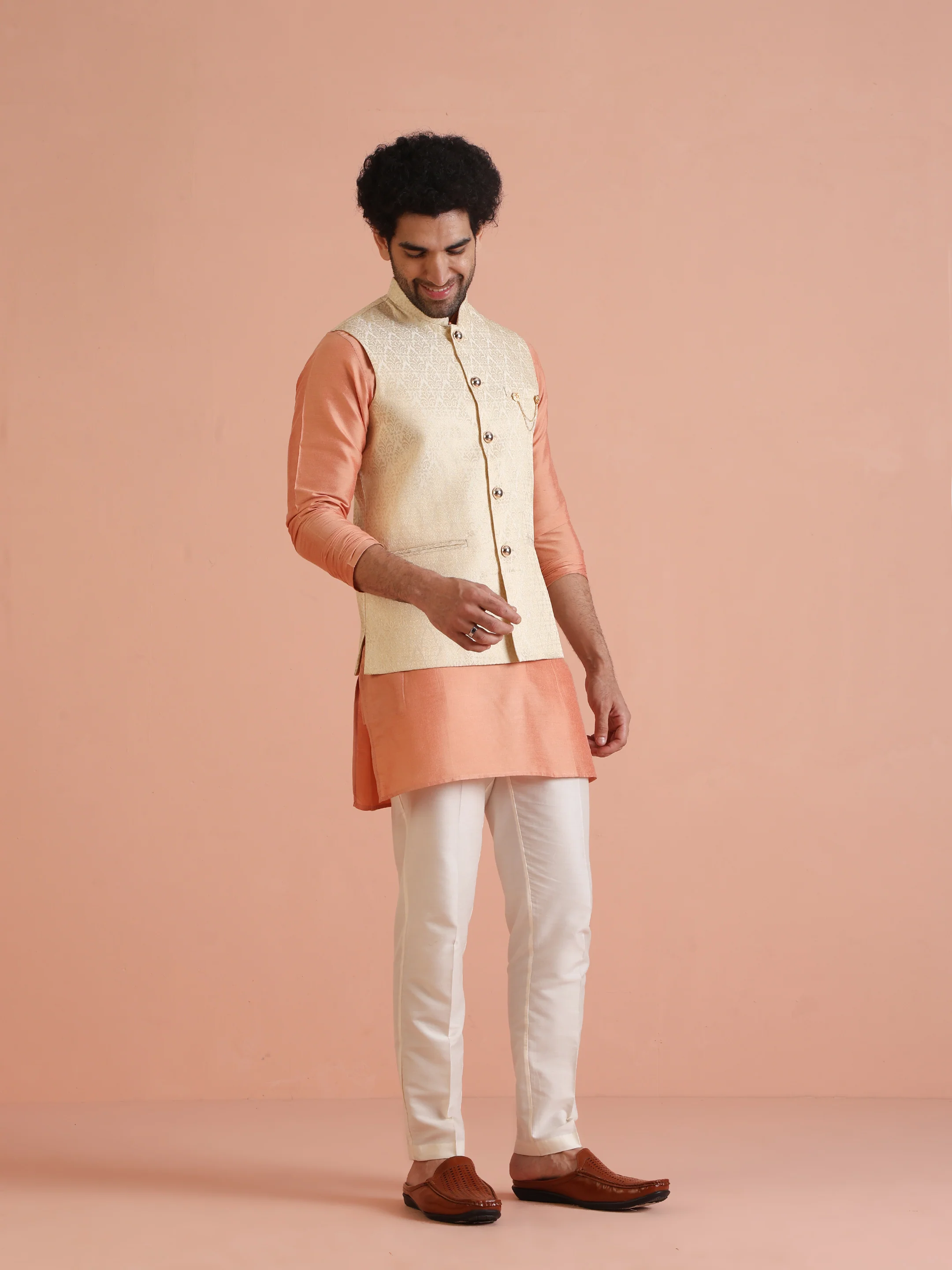 Beige Jacquard Kurta Jacket Trouser Set - Image 4