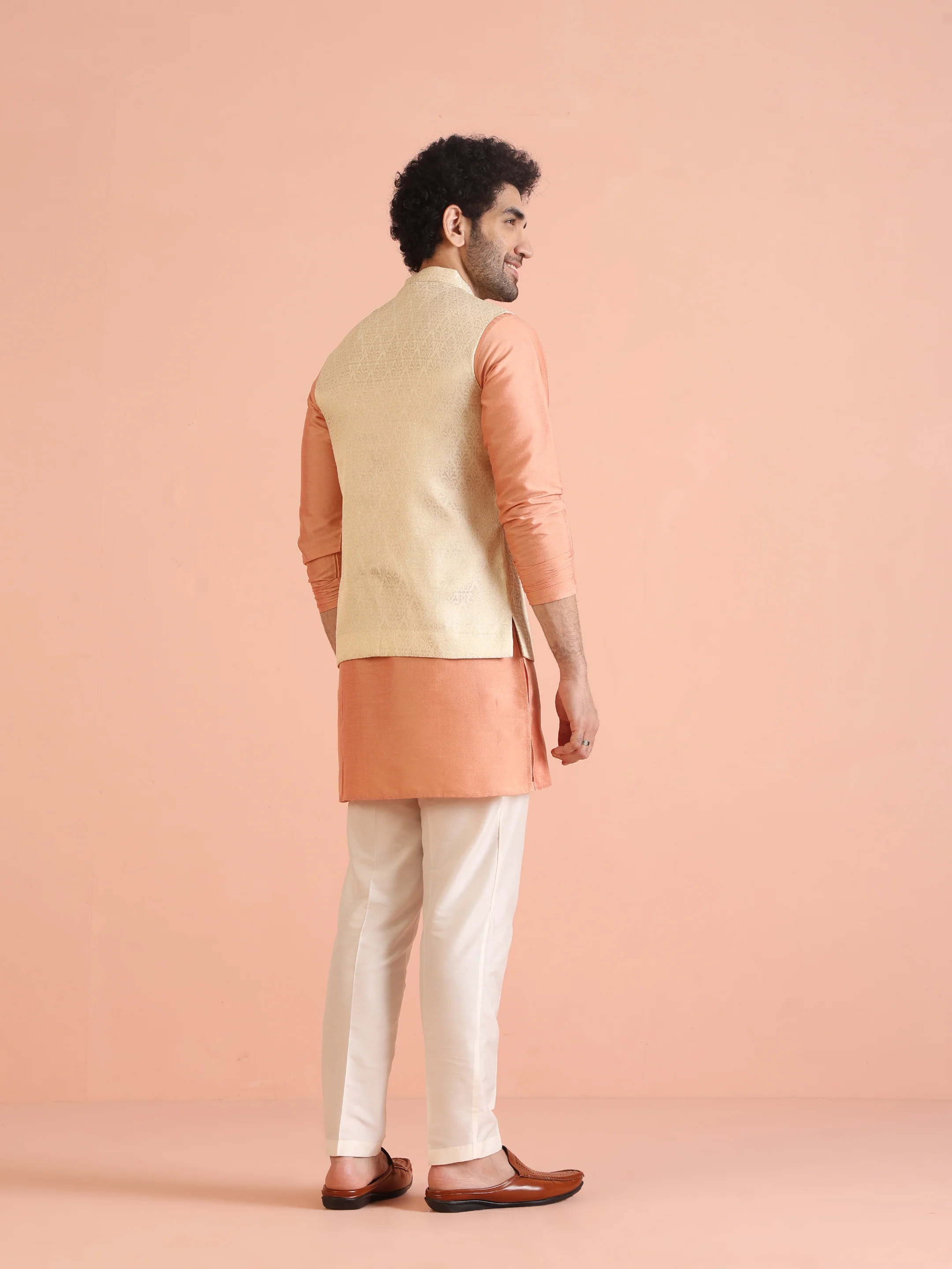 Beige Jacquard Kurta Jacket Trouser Set - Image 5
