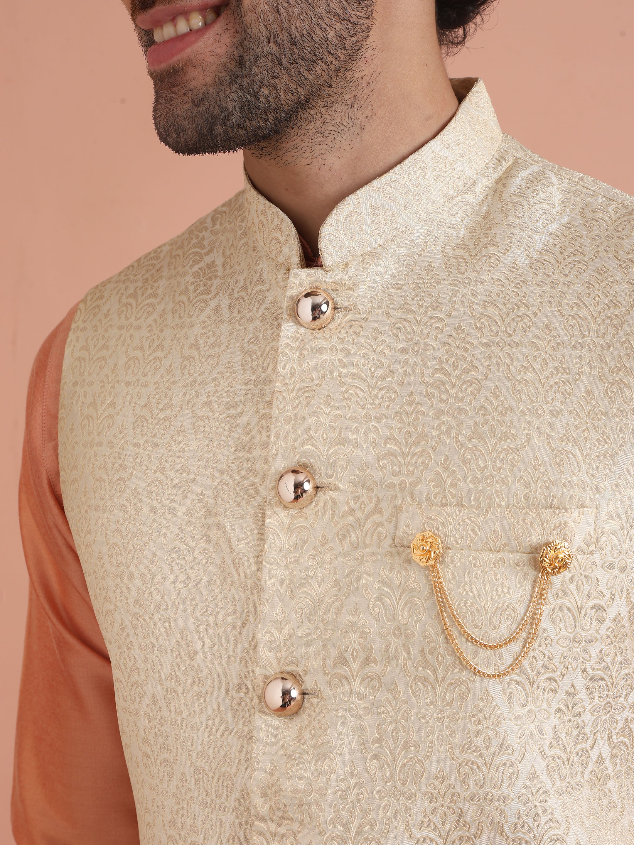 Beige Jacquard Kurta Jacket Trouser Set - Image 6