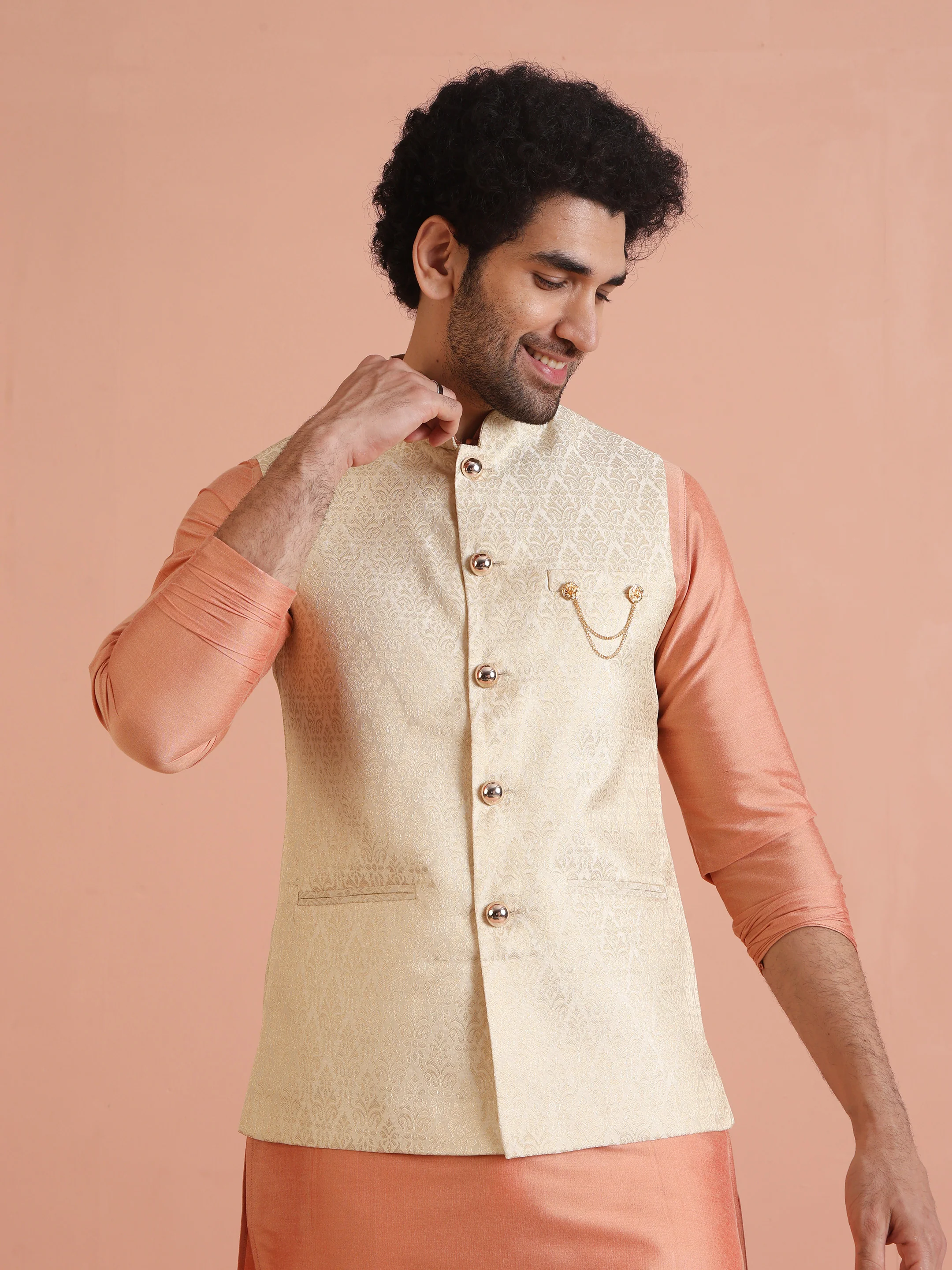 Beige Jacquard Kurta Jacket Trouser Set - Image 7