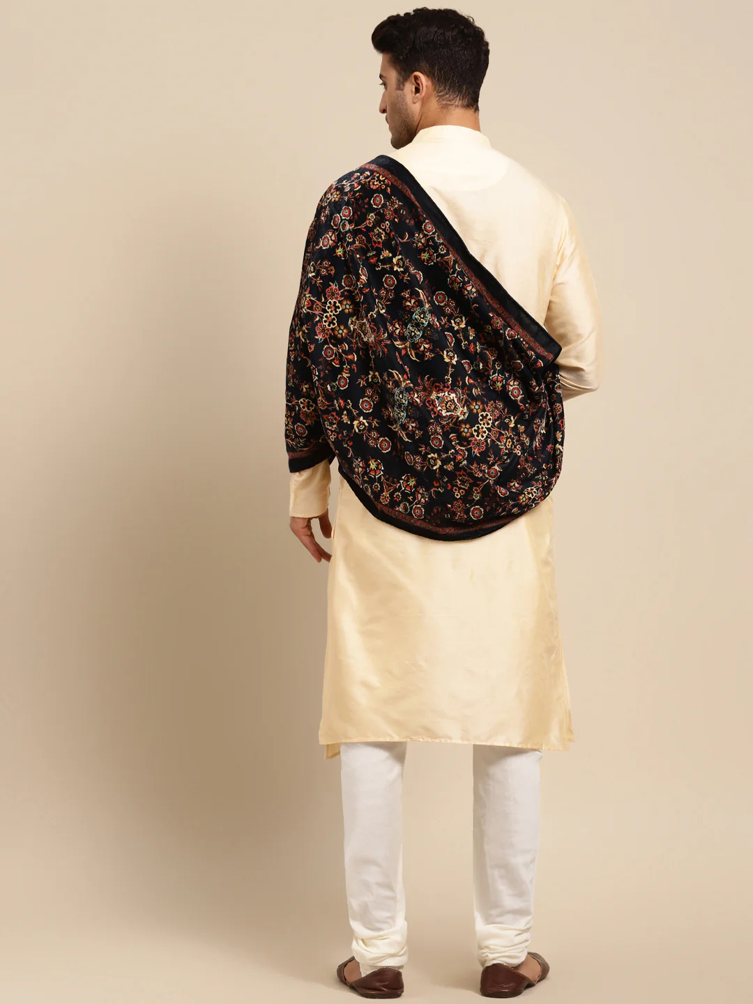 Beige Silk Blend Kurta Churidar with Embroidered Dupatta - Image 3