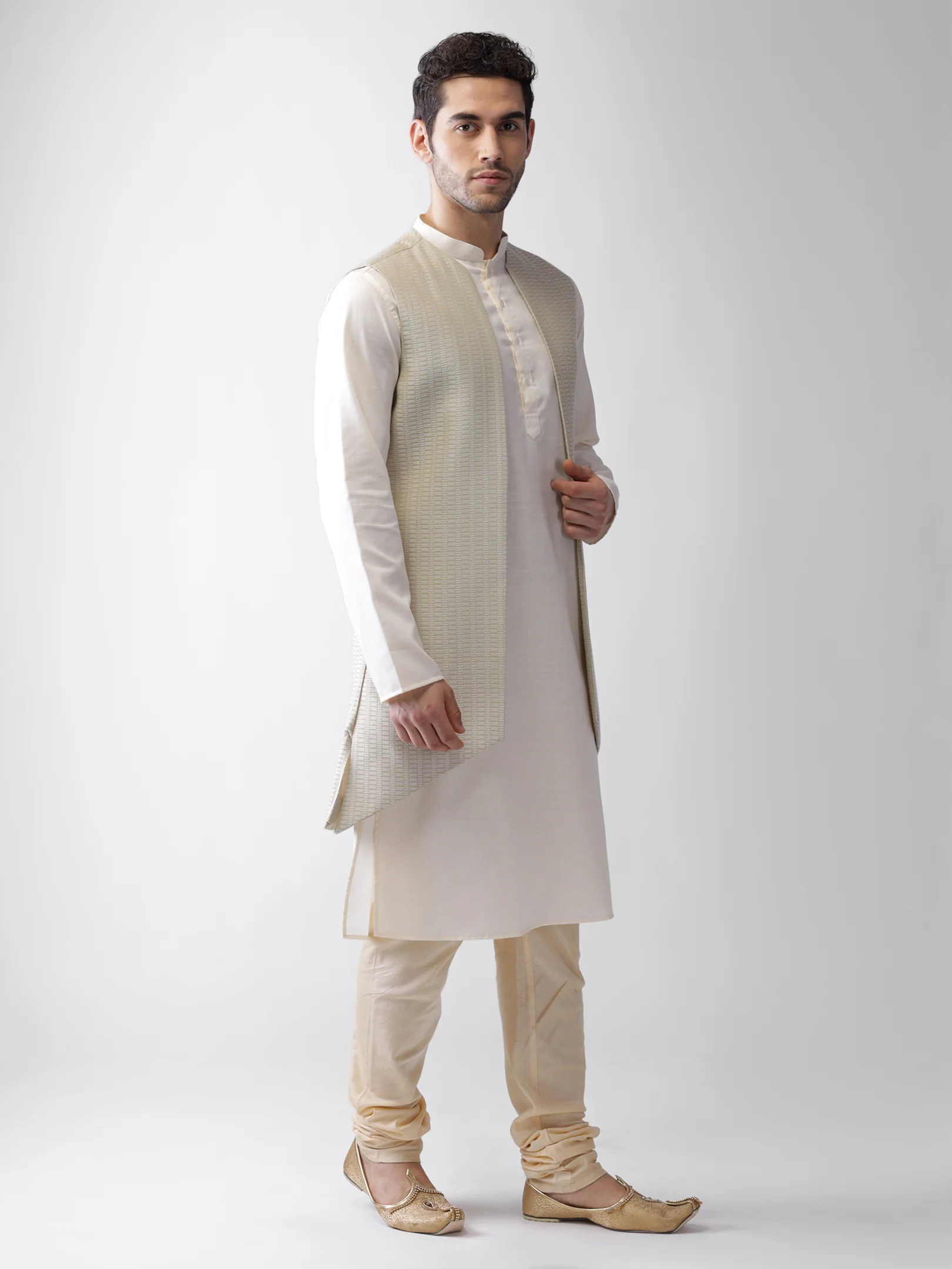 Off-White Silk Blend Jacket Kurta Churidar Set - Image 3
