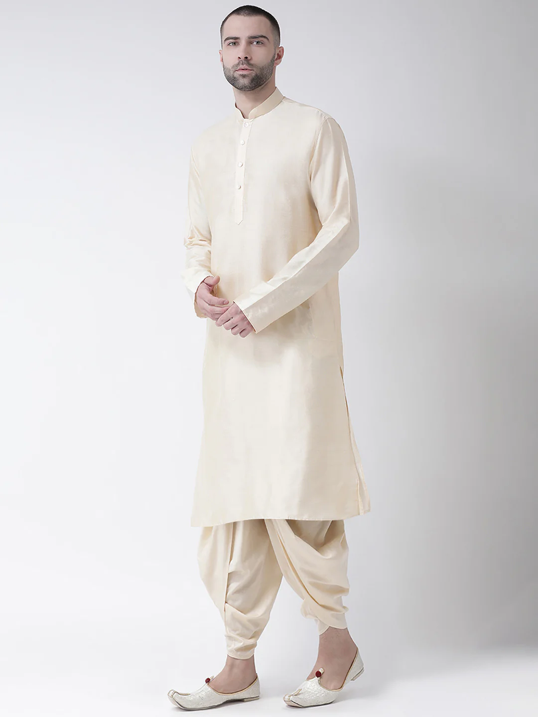 Beige Silk Blend Solid Long Kurta - Image 2