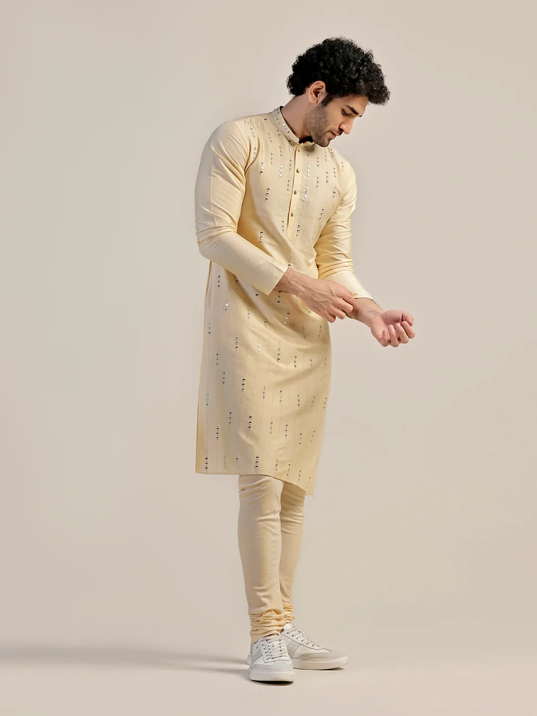 Cream Silk Blend Sequinned Kurta - Image 3