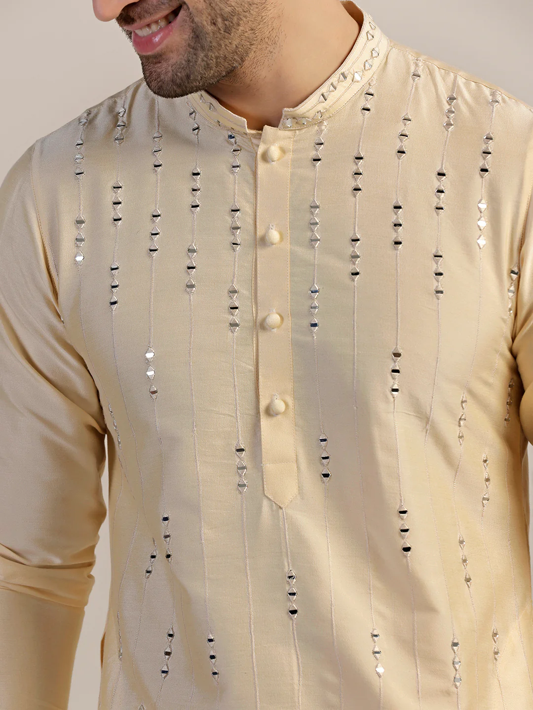 Cream Silk Blend Sequinned Kurta - Image 5