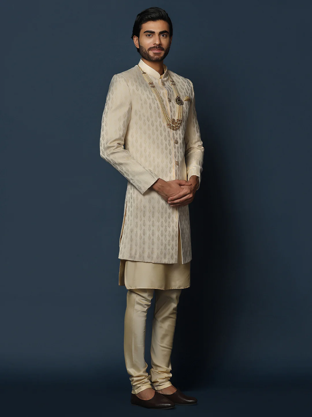 Cream Jacquard Indo-Western Set - Image 2