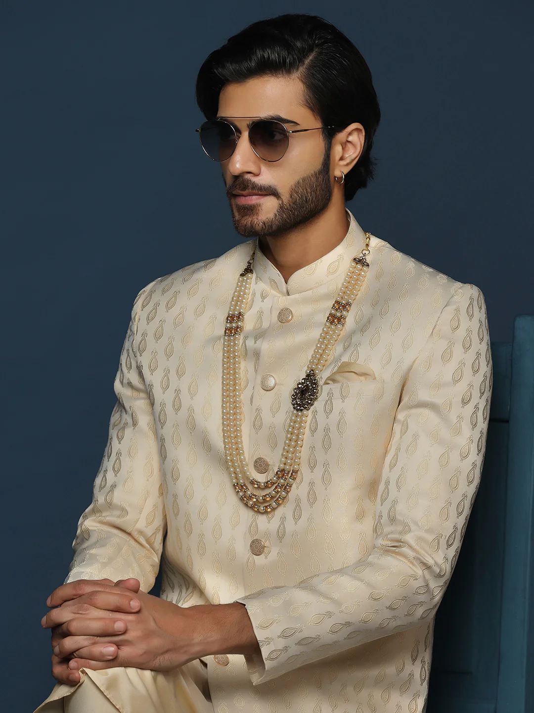 Cream Jacquard Indo-Western Set - Image 6
