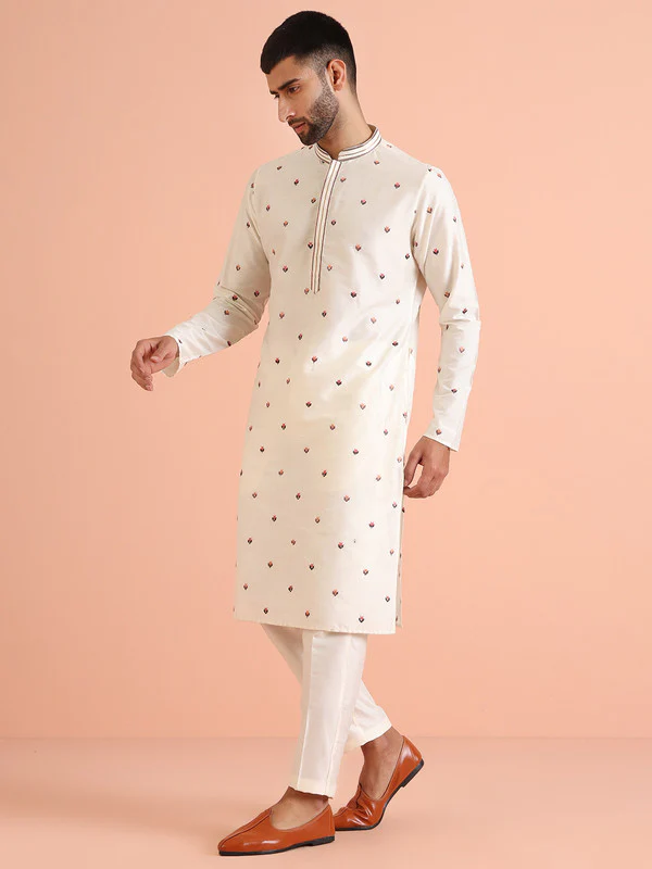 Cream Cotton Embroidered Kurta Trouser Set - Image 3