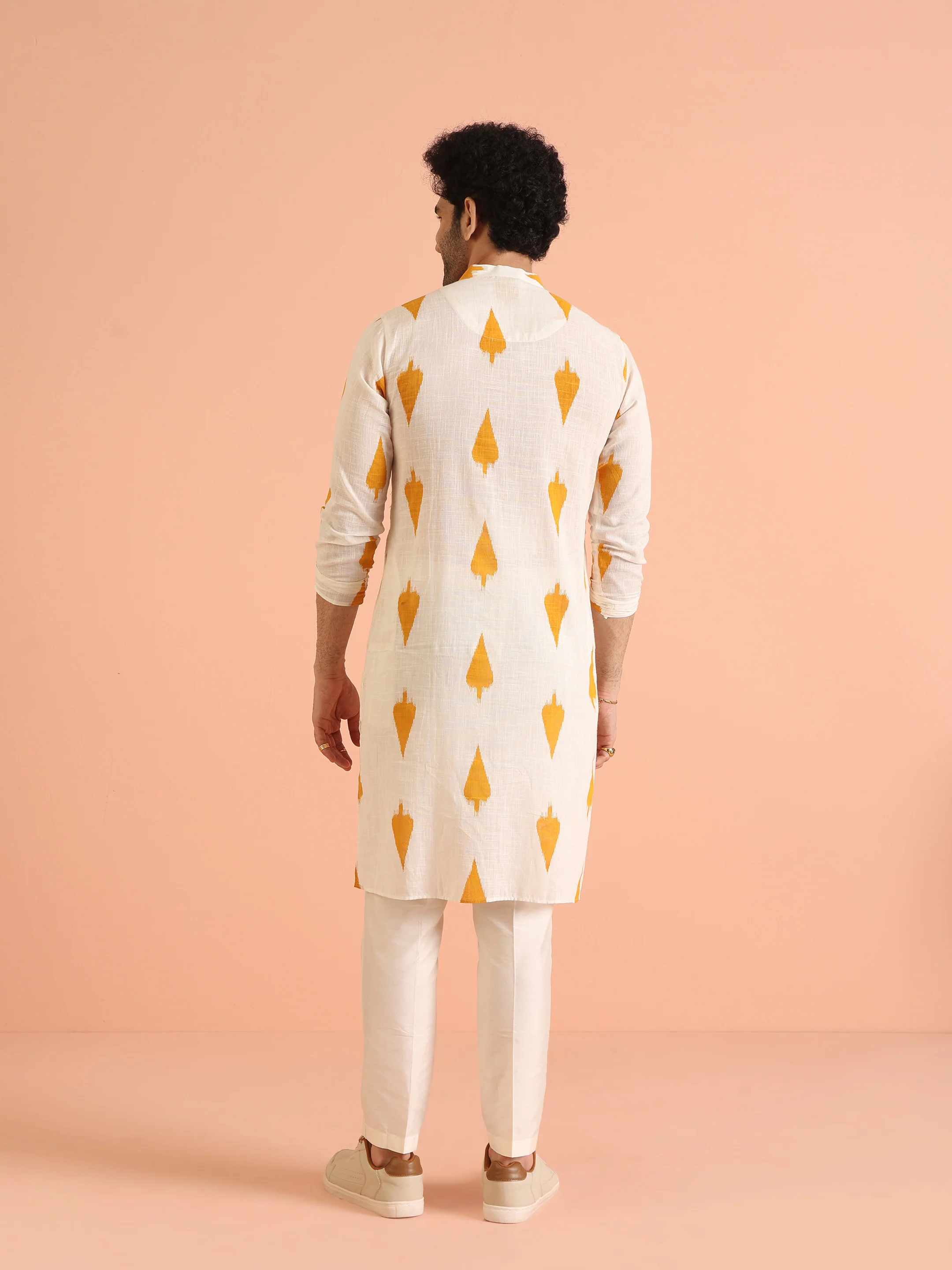 White Cotton Kurta Set with Mustard Ikat-Inspired Prints and Cream Trousers Festive & Wedding Ensemble - Image 6