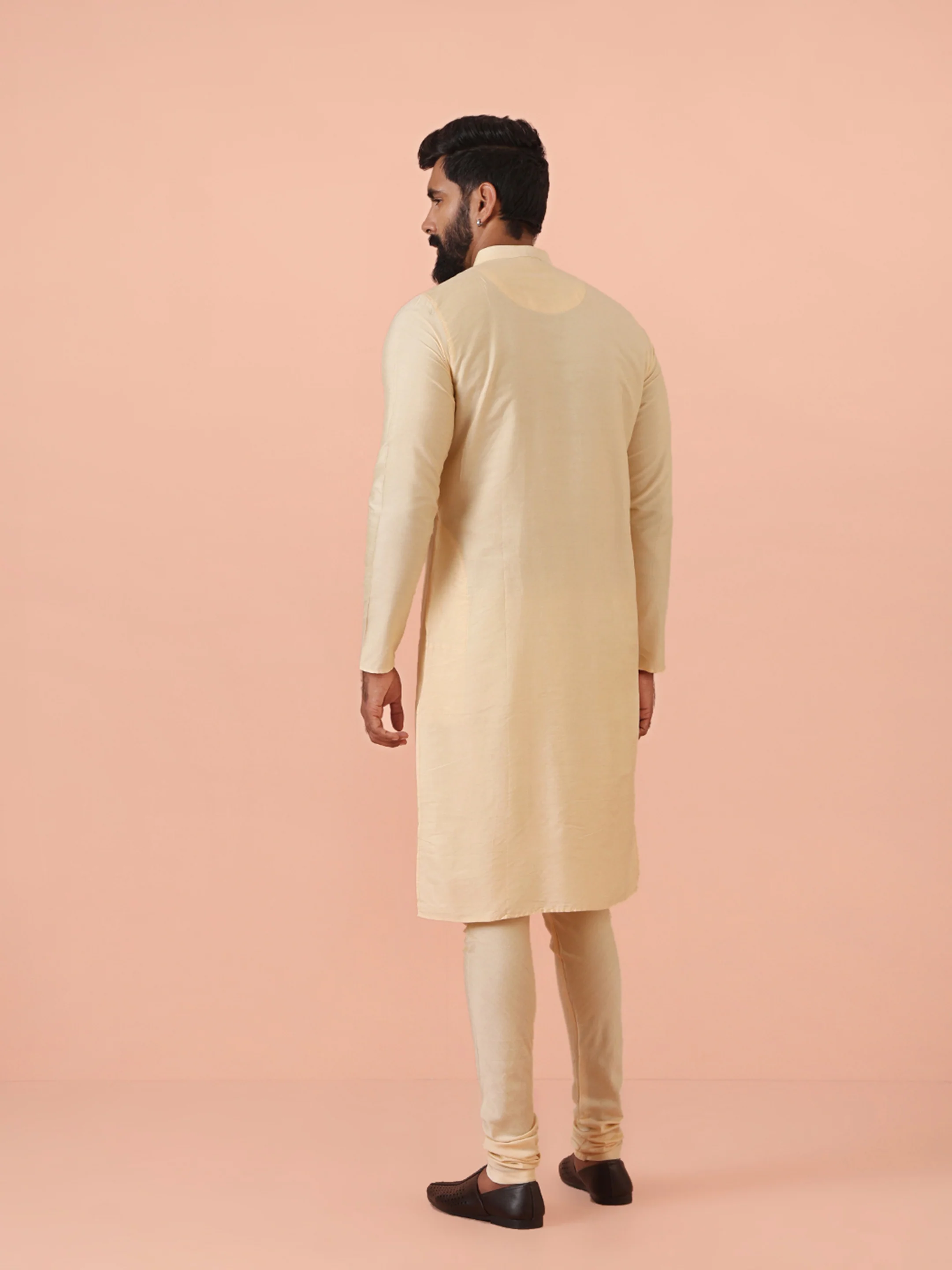 Beige Silk Blend Solid Long Kurta - Image 4