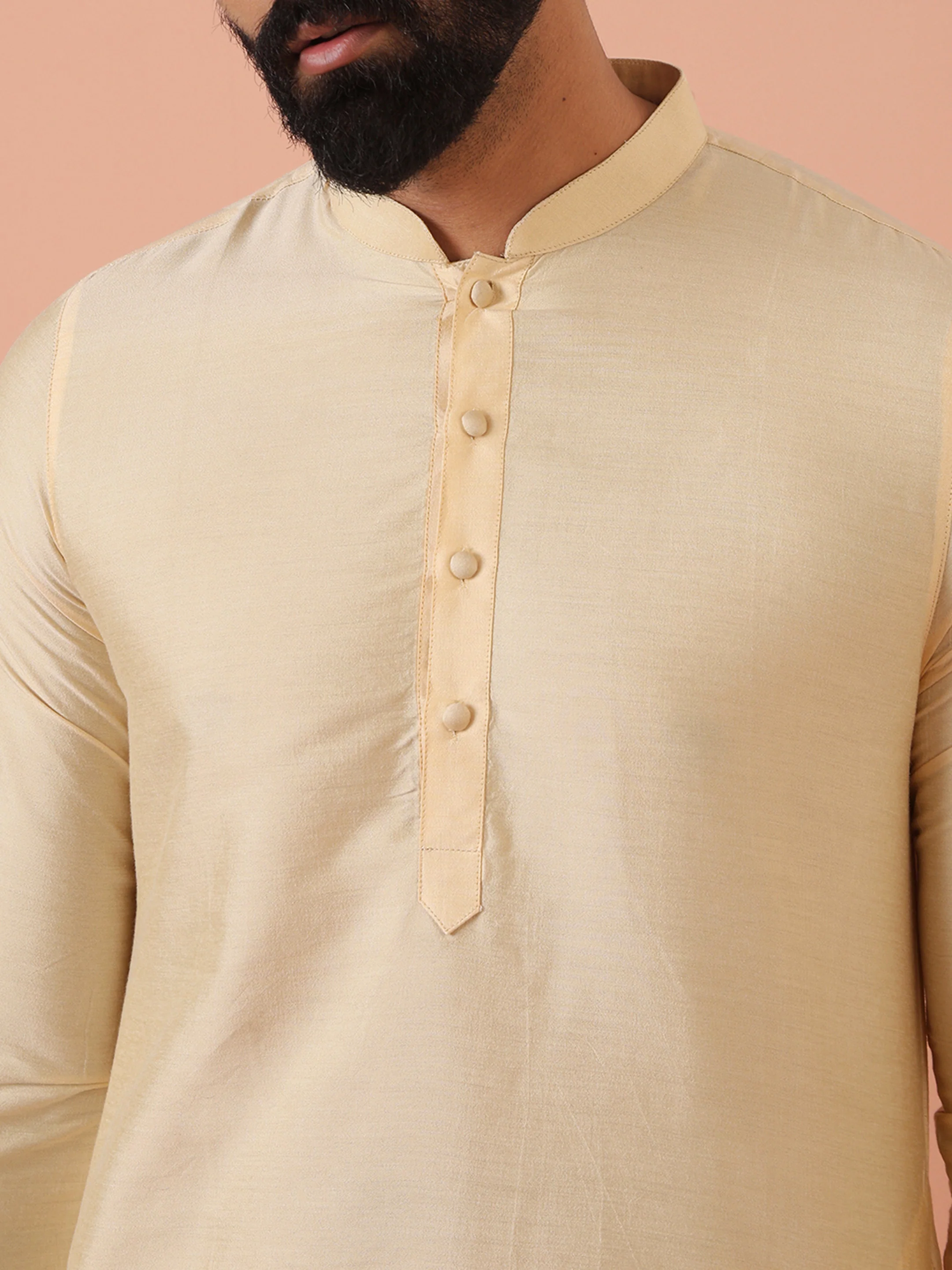 Beige Silk Blend Solid Long Kurta - Image 5