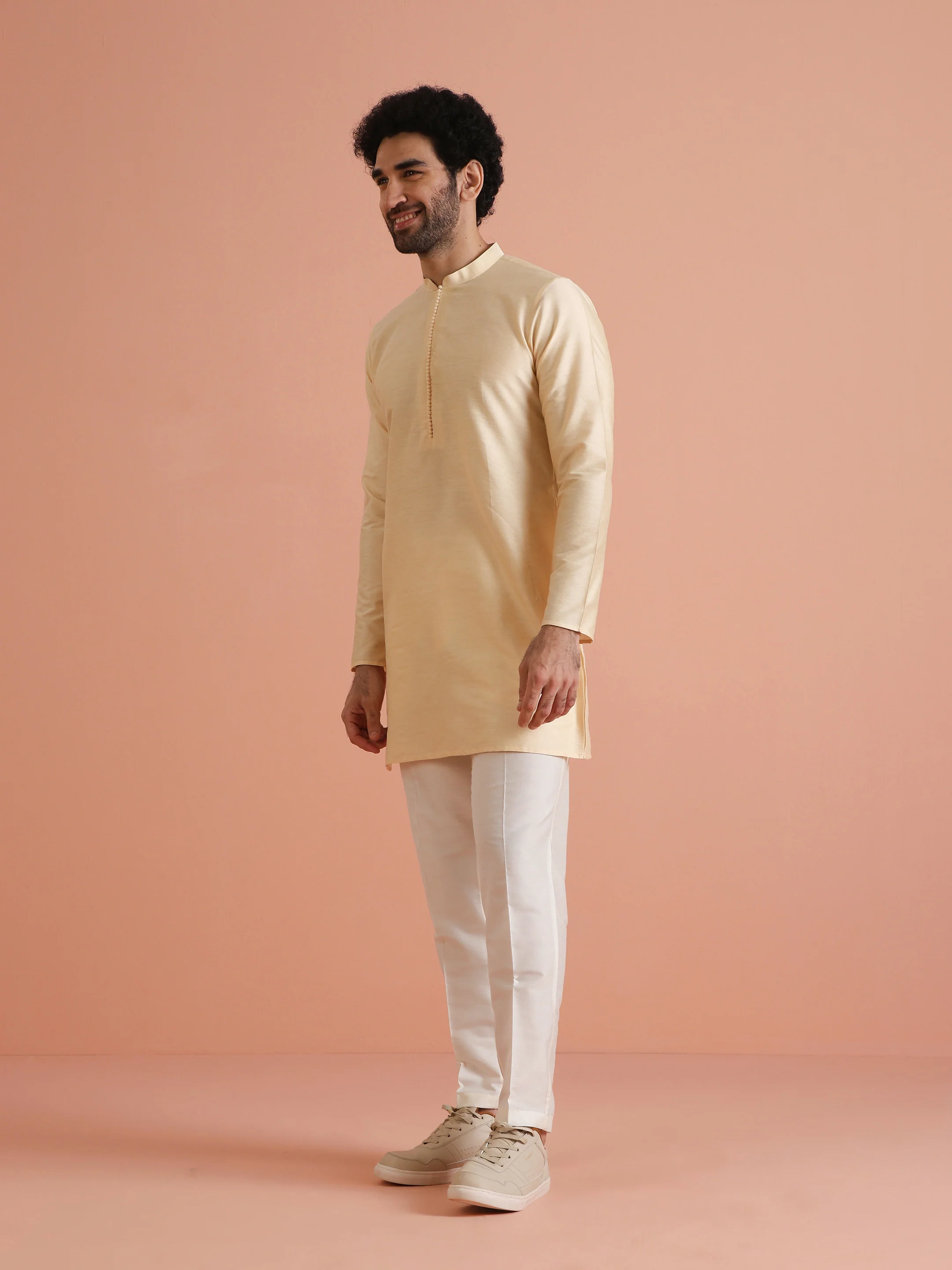 Beige Silk Blend Solid Mid Kurta - Image 3