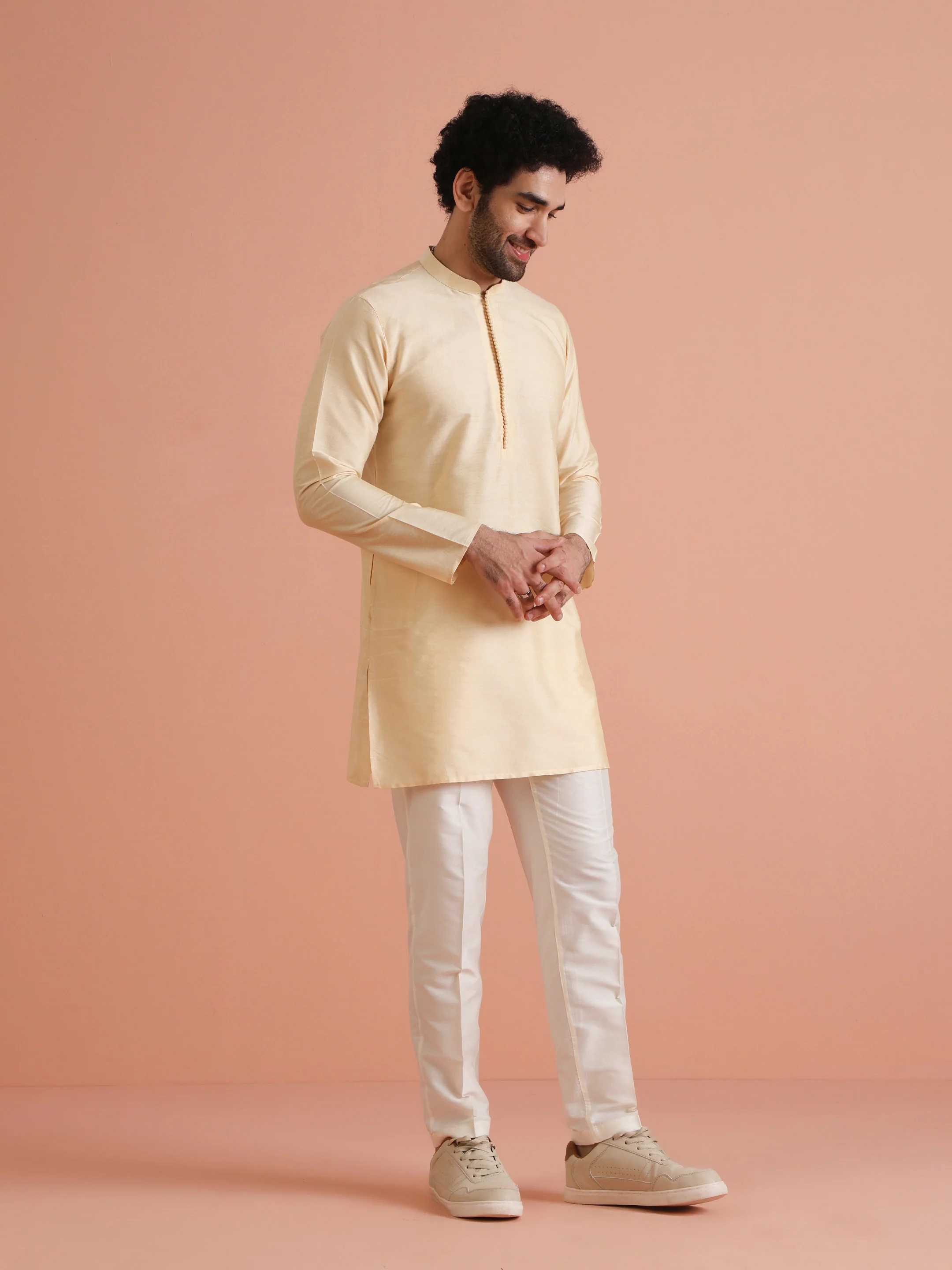 Beige Silk Blend Solid Mid Kurta Trouser Set - Image 2
