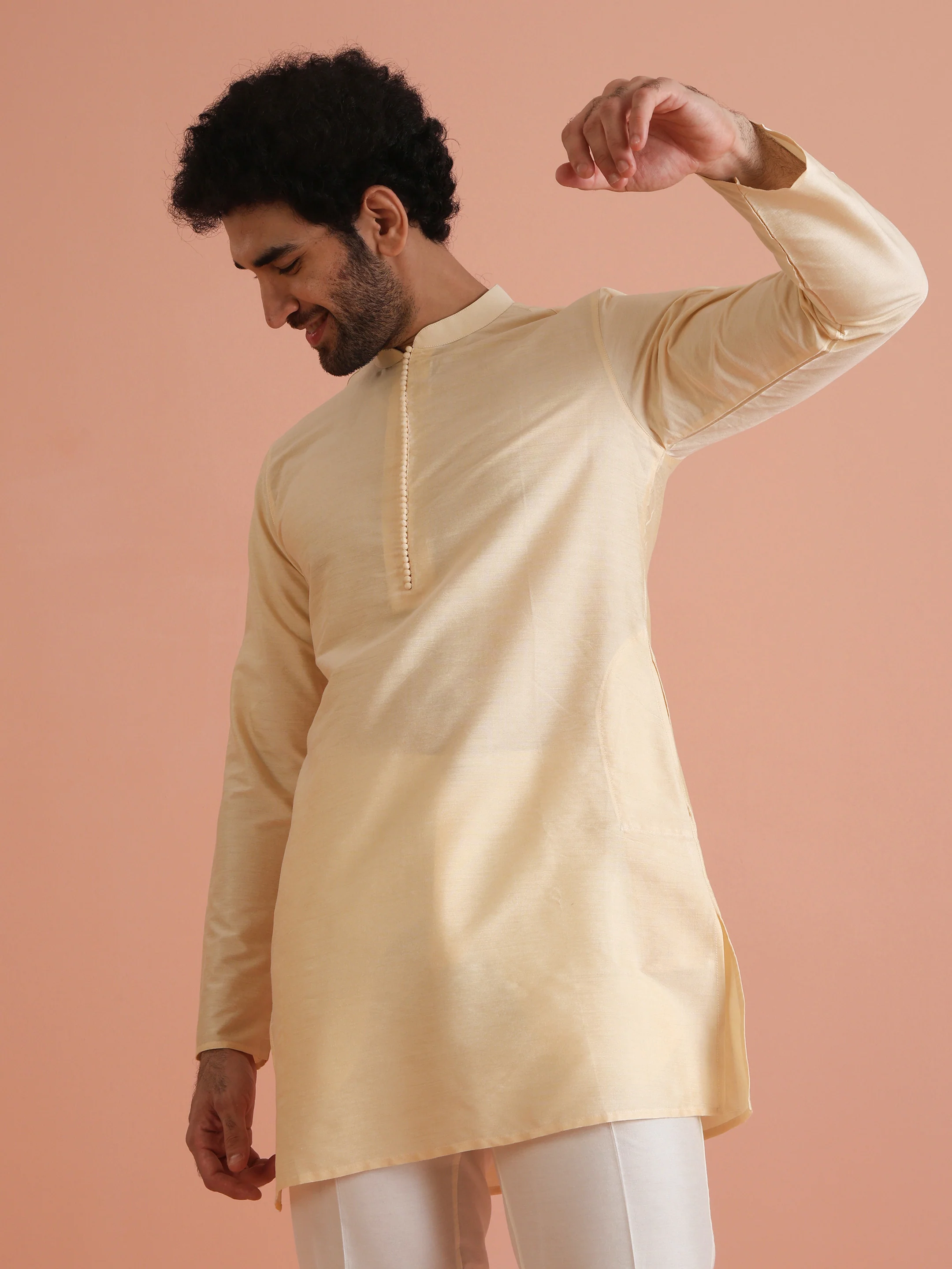Beige Silk Blend Solid Mid Kurta Trouser Set - Image 5