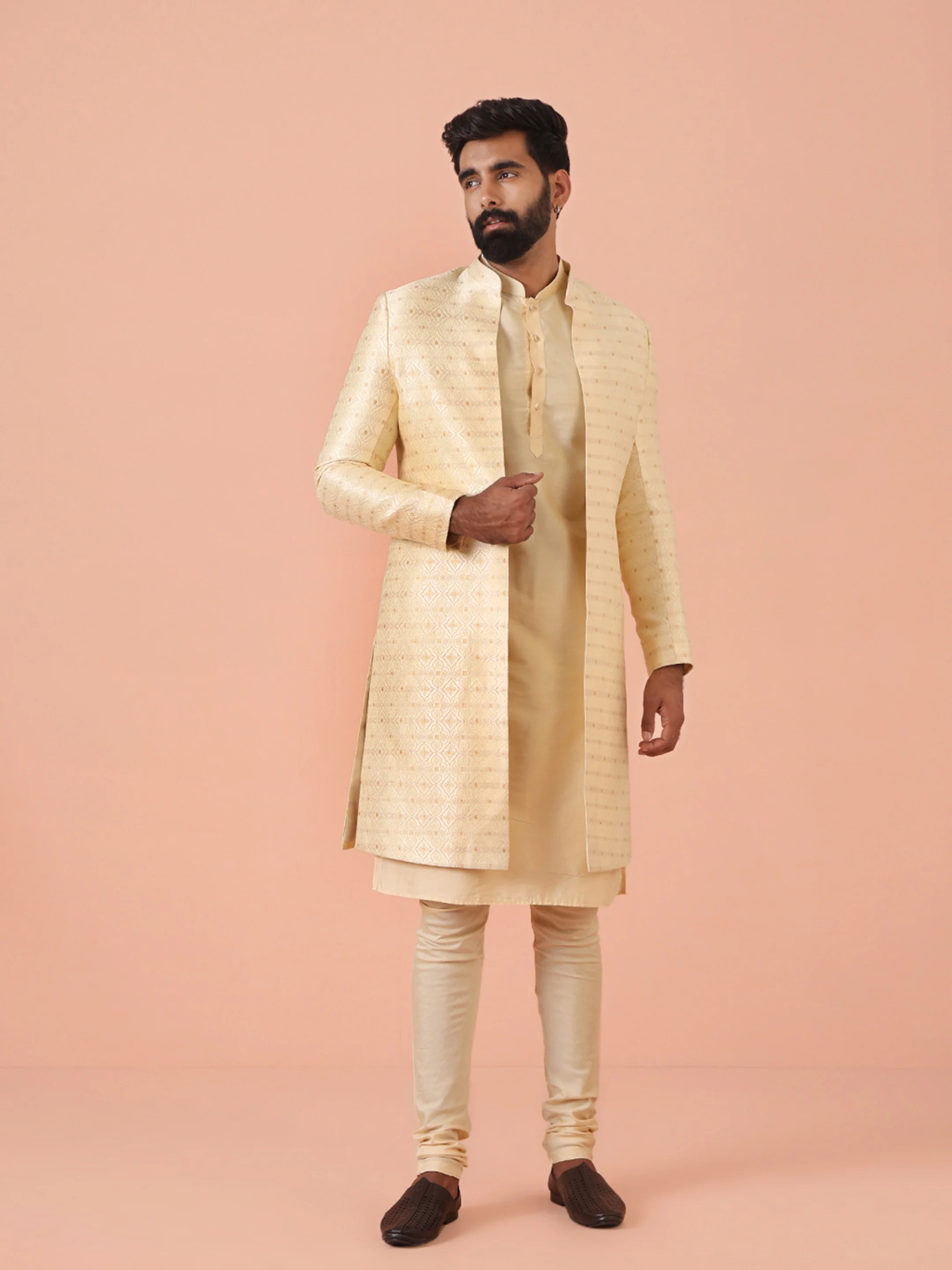 Men Cream Self Design Kurta Indowestern Churidar Set - Image 2