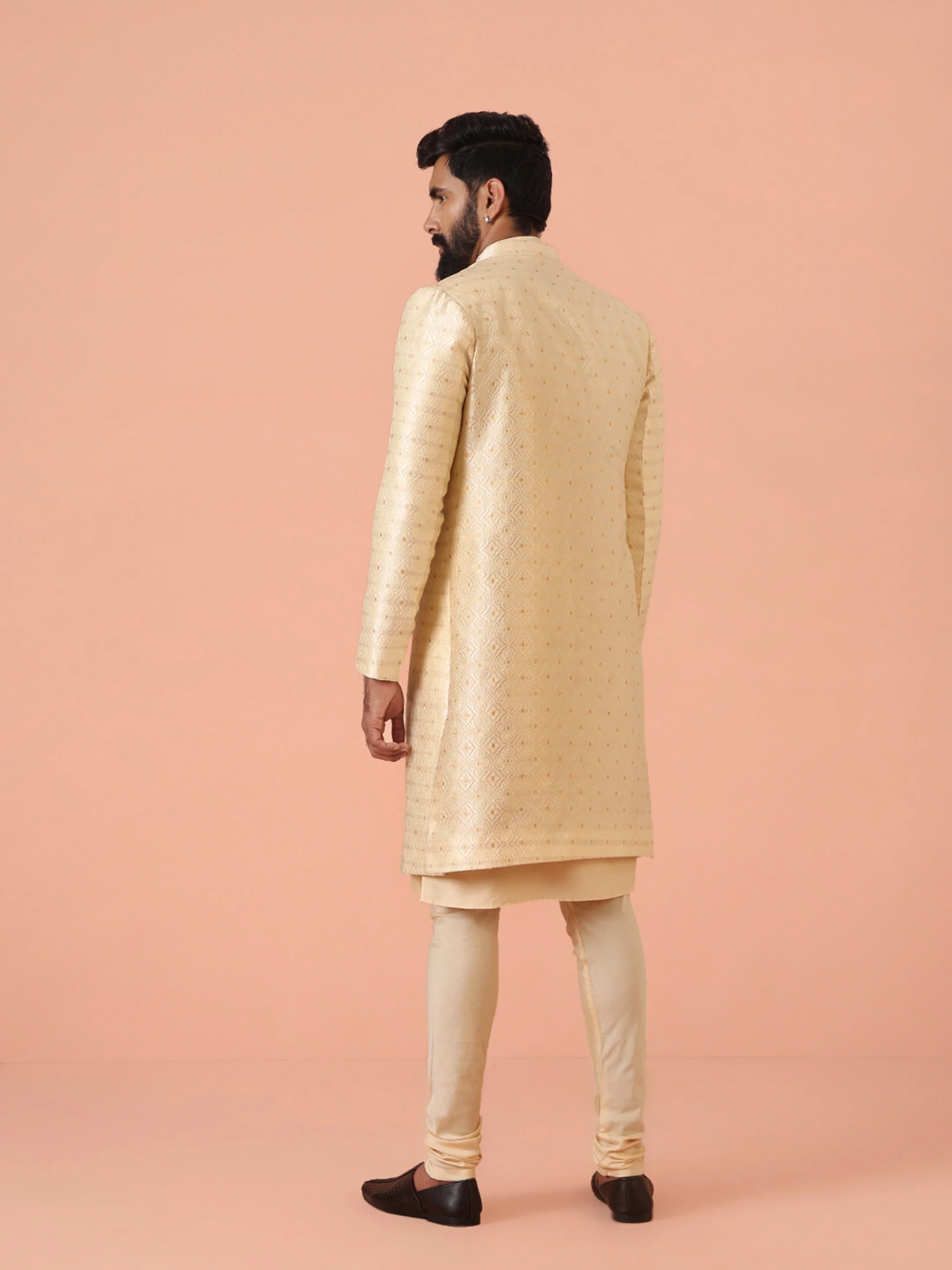 Men Cream Self Design Kurta Indowestern Churidar Set - Image 4