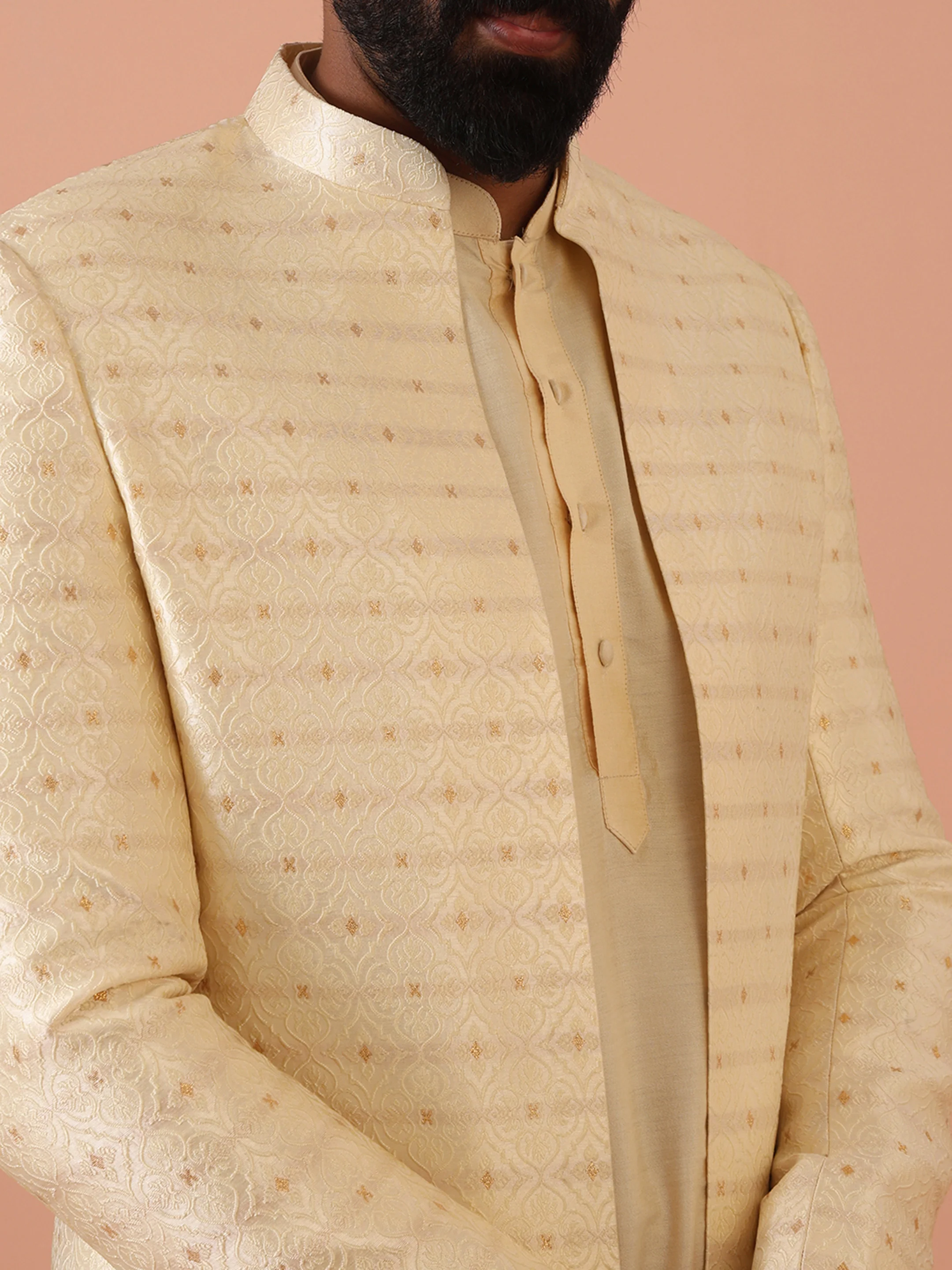 Men Cream Self Design Kurta Indowestern Churidar Set - Image 5