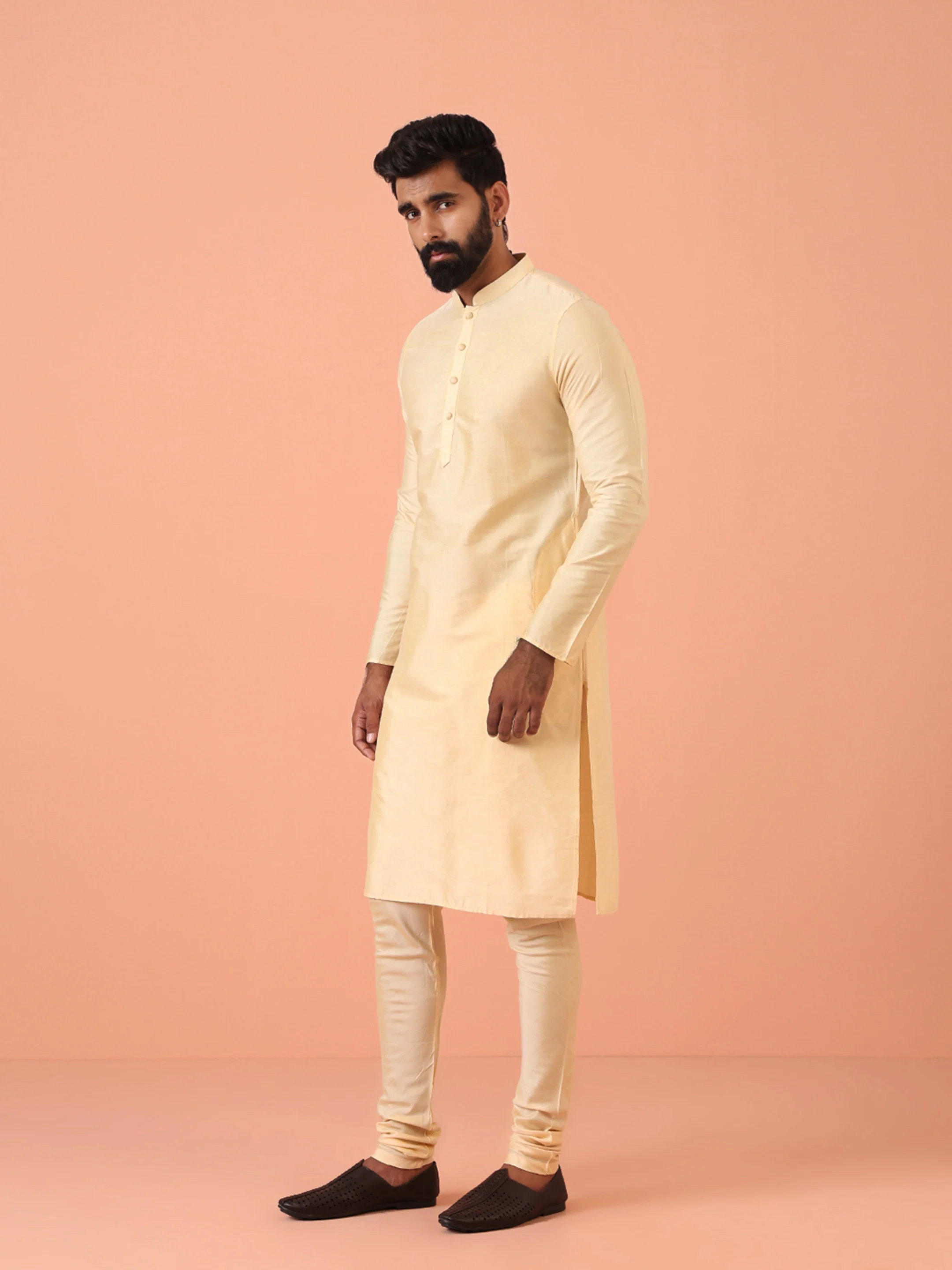 Beige Silk Blend Solid Kurta Churidar Set - Image 2